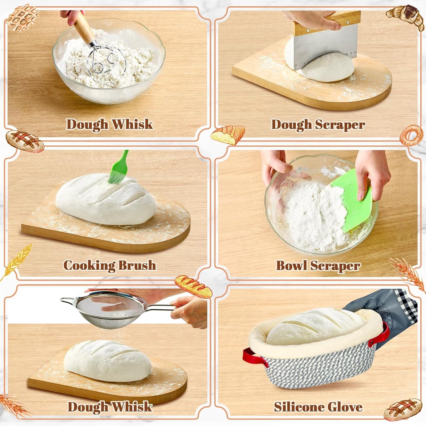 HASHMUST Banneton Bread Proofing Basket Kit, Sourdough Starter Jar Set, 9'' Round 10" Oval Fermentation Bowls Homemade Baking Supplies, Tools with Dough Whisk Cutter Lame Scraper Brush Scraper Bags