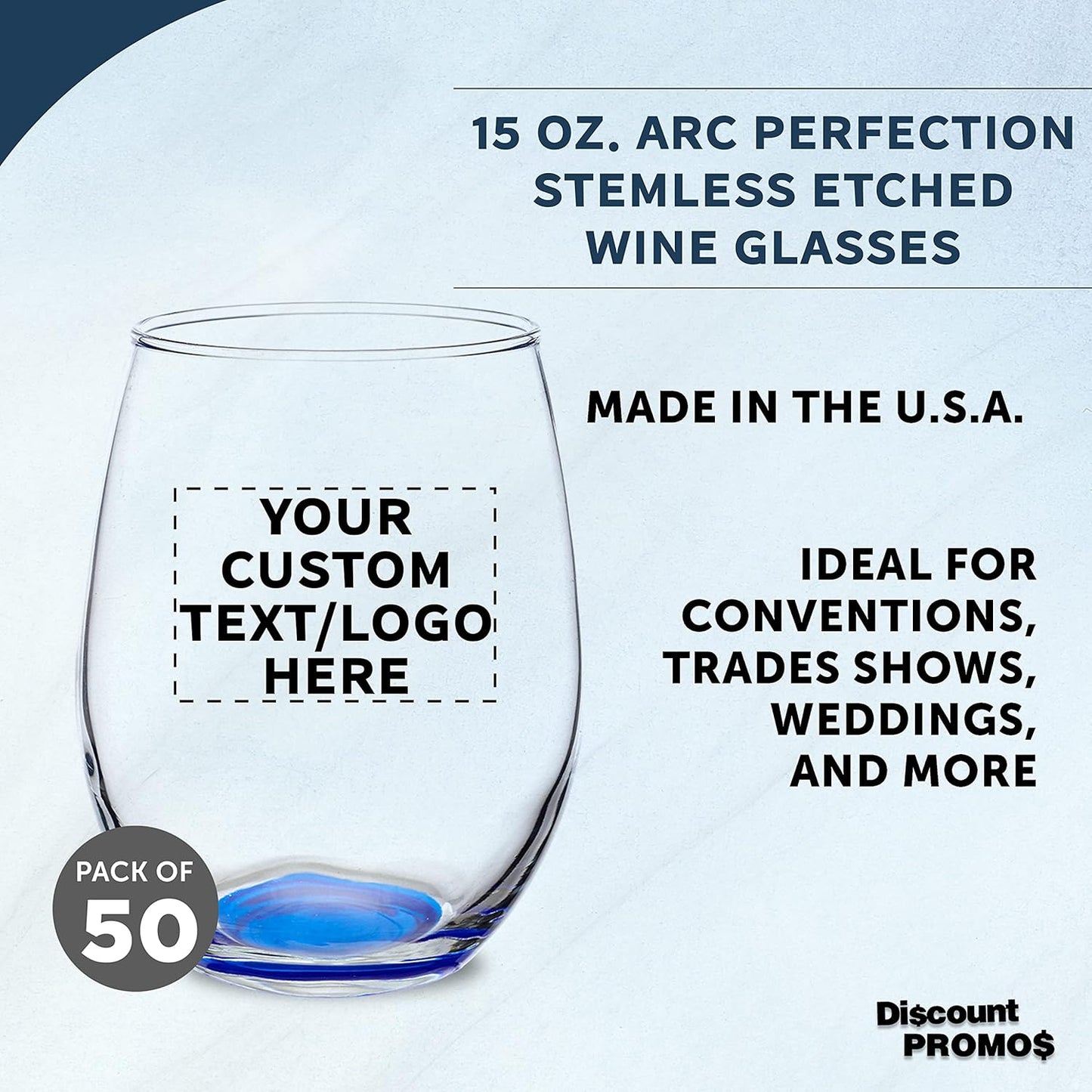 Custom Stemless Wine Glasses in Bulk by ARC Perfection, 15 oz, 50 pack, Personalized Text, Logo, Red or White Wine Glass Set, Blue