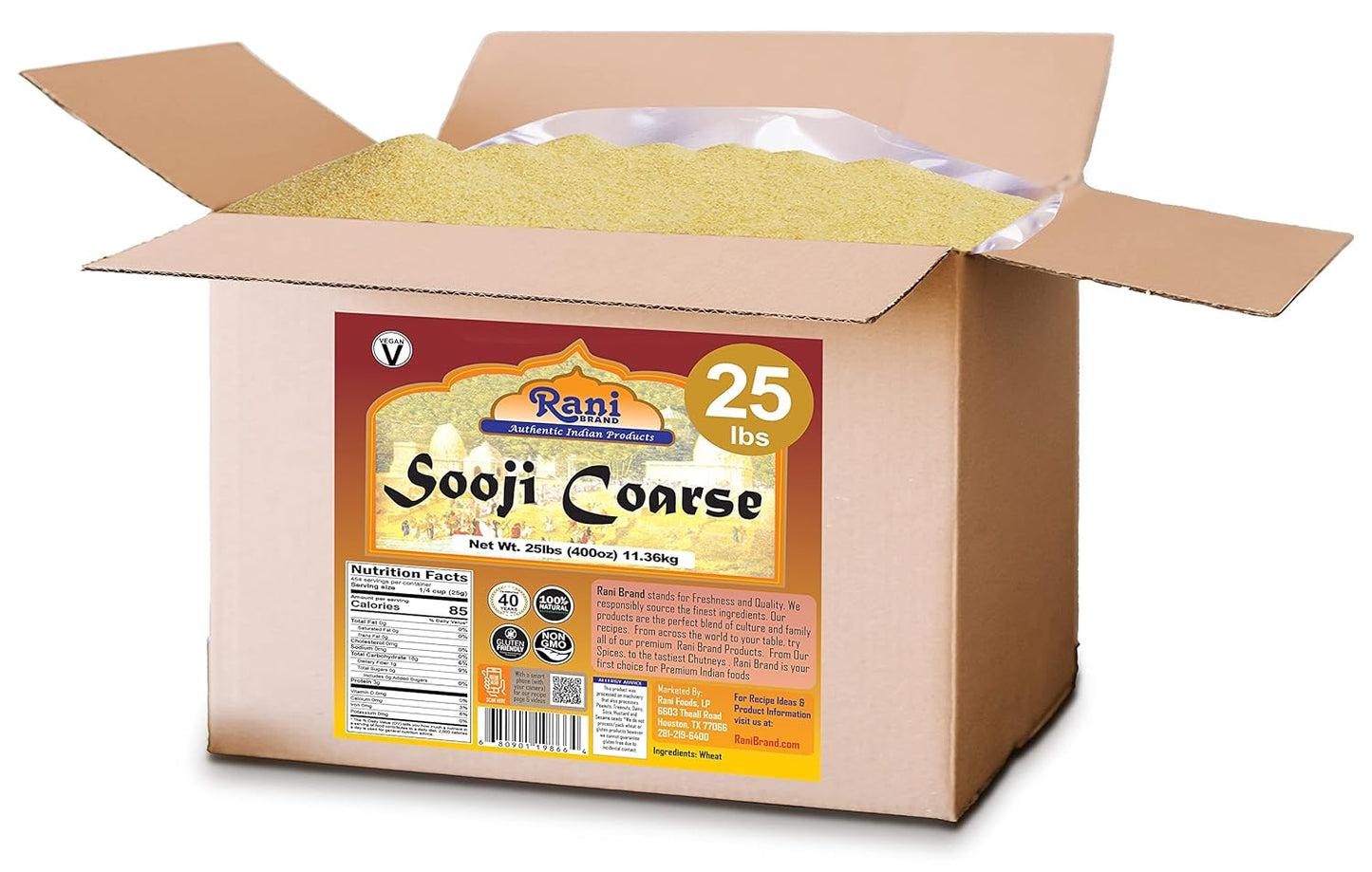 Rani Sooji Coarse (Farina, Suji, Rava, Rawa, Wheat Semolina) Flour 400oz (25lbs) 11.36kg Bulk Box ~ All Natural | Vegan | NON-GMO | Indian Origin