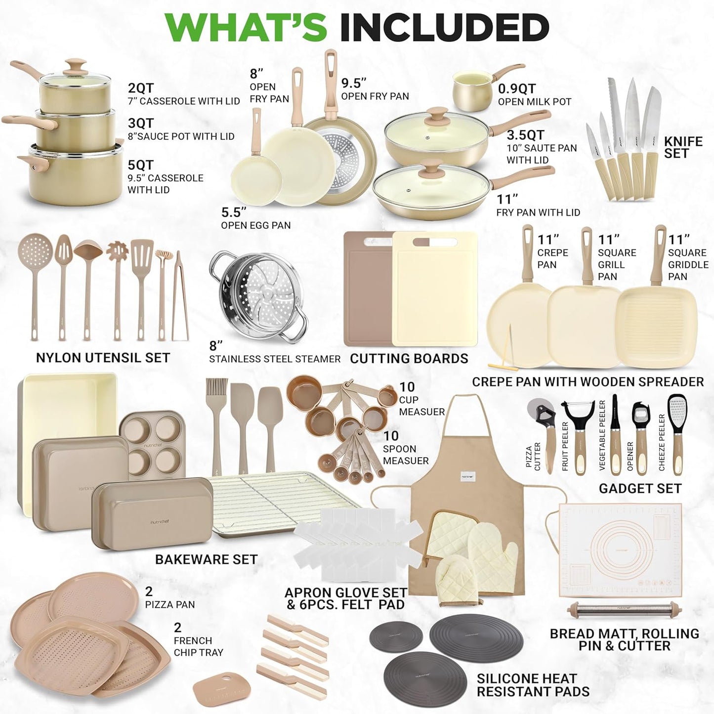 NutriChef 75-Piece Non-Stick Pots and Pans Set, Complete Ceramic Cookware Set with Bakeware, Utensils, Knife Set, & Accessories, Stain-Resistant, Food-Grade Safe, Cream/Brown