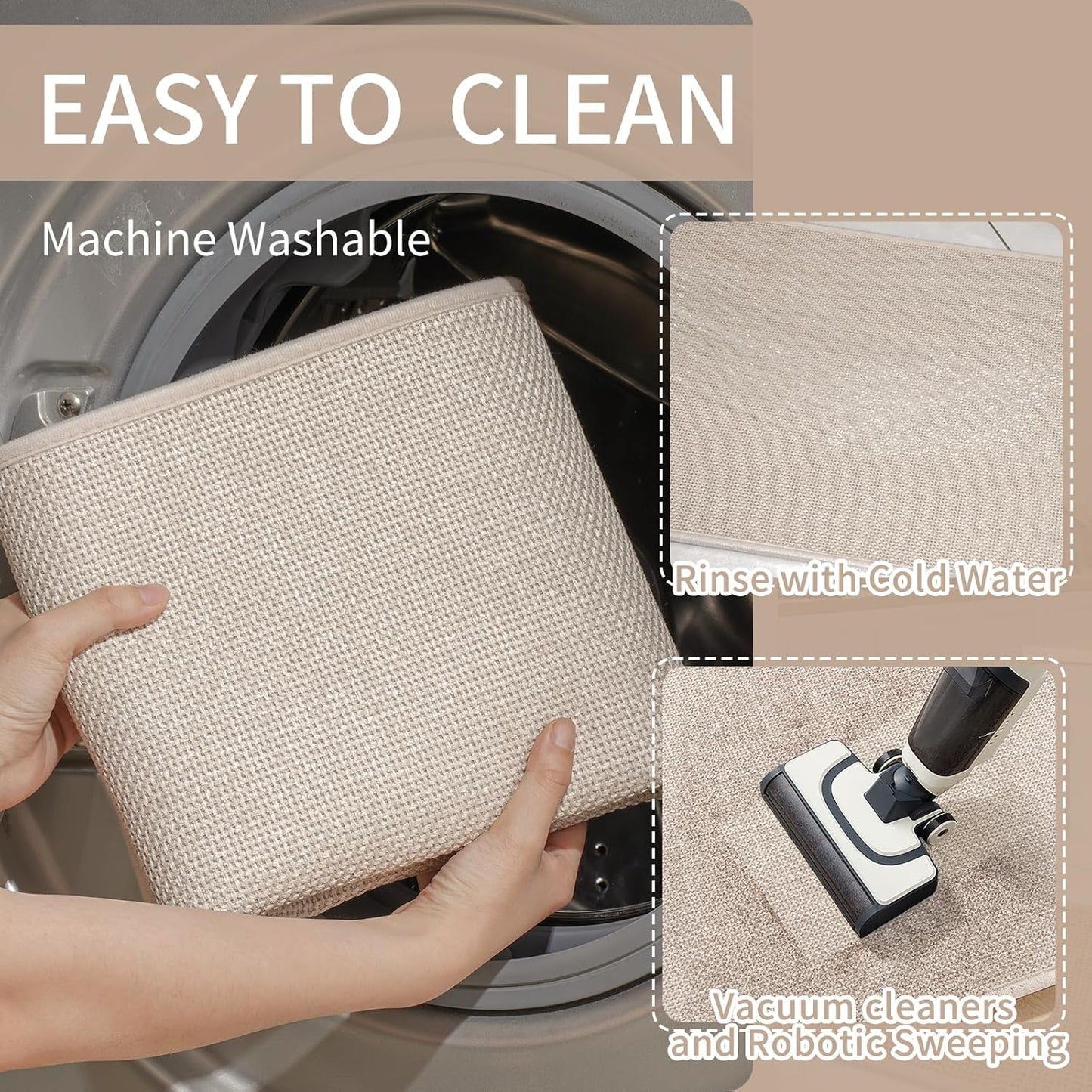 Kitchen Mats for Floor, Super Absorbent Kitchen Rugs Non Slip Washable, Soft Imitation Linen Braided Kitchen Runner Rug, Standing Mat Kitchens Sink Mat, Easy to Clean, Beige 17x95