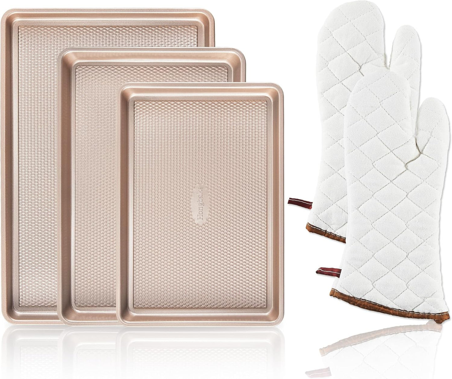 HONGBAKE 3 Pack Gold Nonstick Baking Sheet Pan Set with Oven Mitts Heat Resistant, Non-Toxic Half/Quarter/Jelly Roll Pans with Diamond Texture Pattern, Heavy Duty 0.8mm Thick Cookie Trays for Cooking