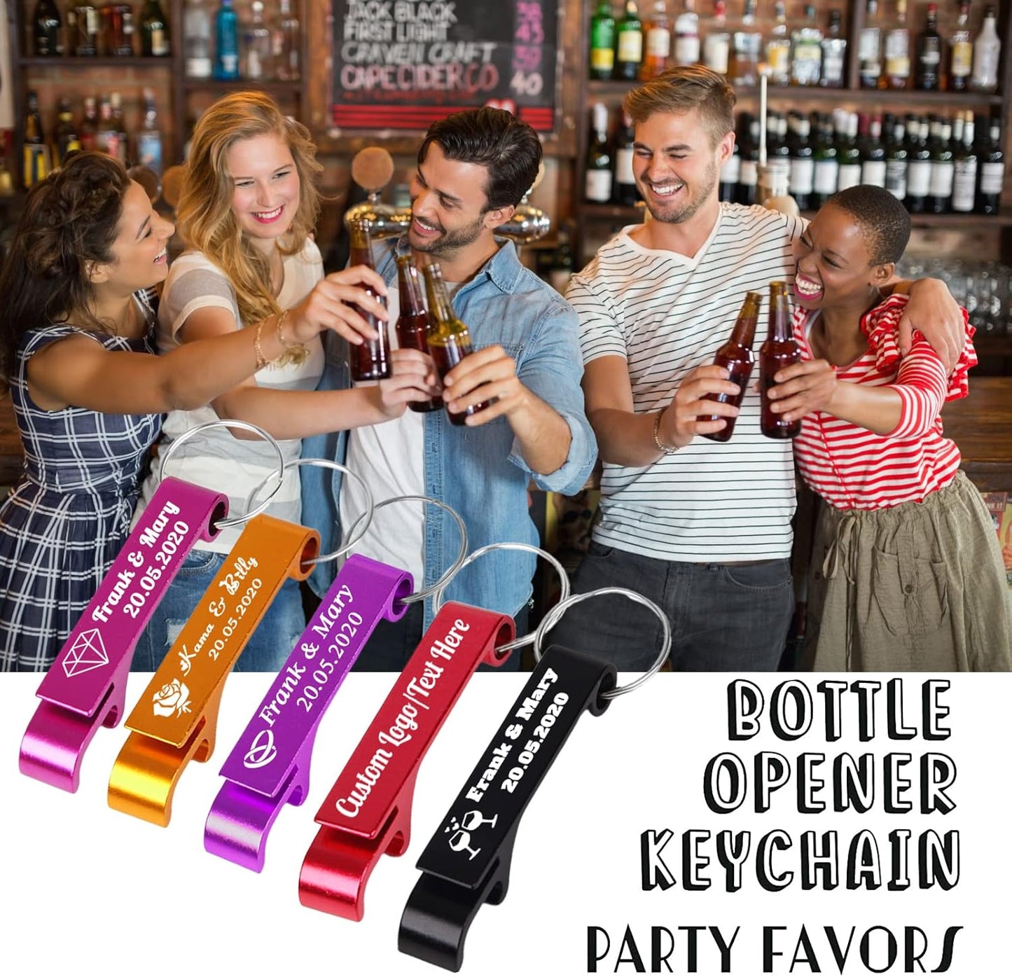 150PCS Personalized Bottle Opener Keychain Bulk Custom Beer Bottle Opener with Logo Text Engraved Wedding Bottle Opener Favors Customized Gifts for Guests Baby Shower Birthday Party-Pink