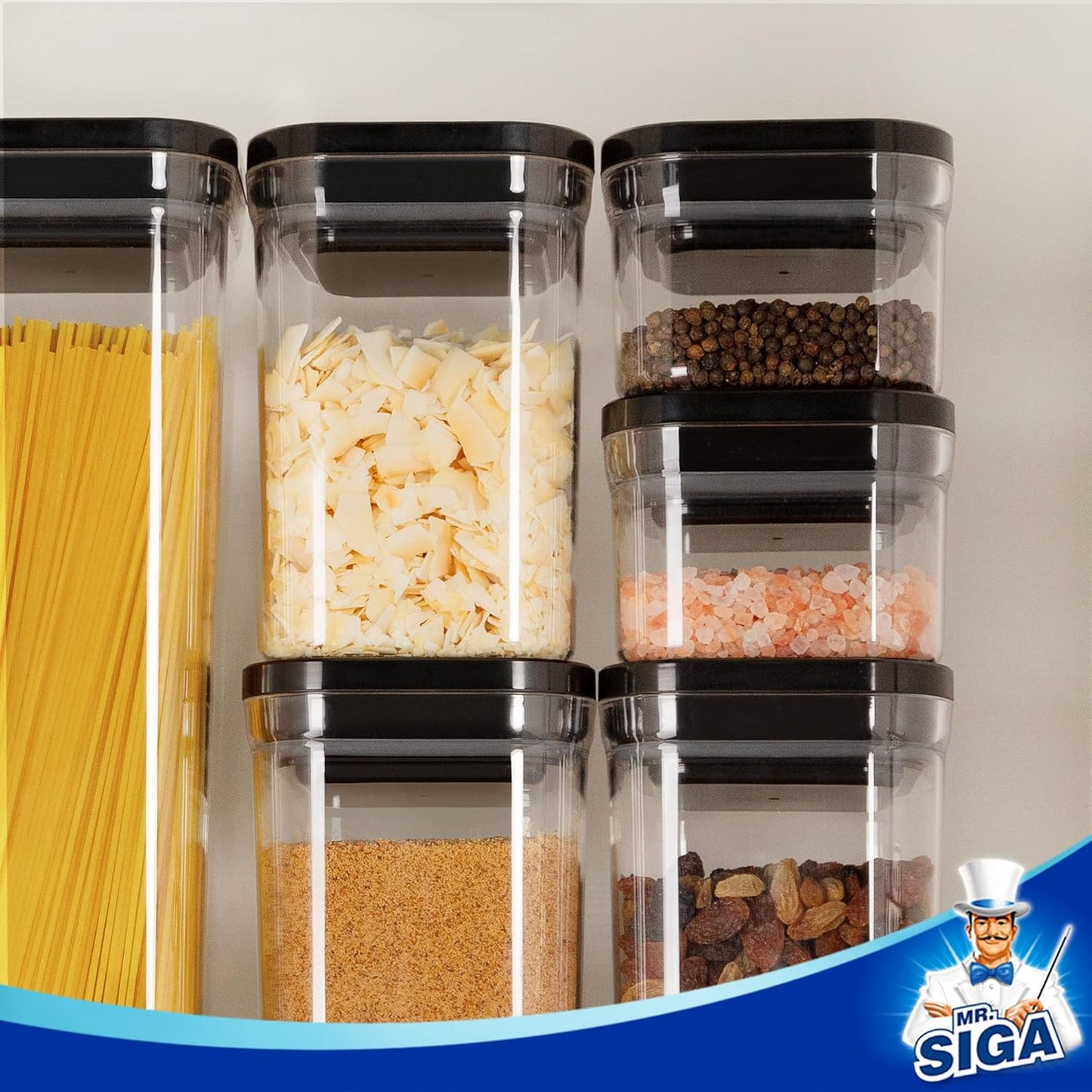 MR.SIGA 6 Piece Airtight Food Storage Container Set, BPA Free Kitchen Pantry Organization Canisters, One-handed Kitchen Storage Containers for Cereal, Spaghetti, Pasta, Black