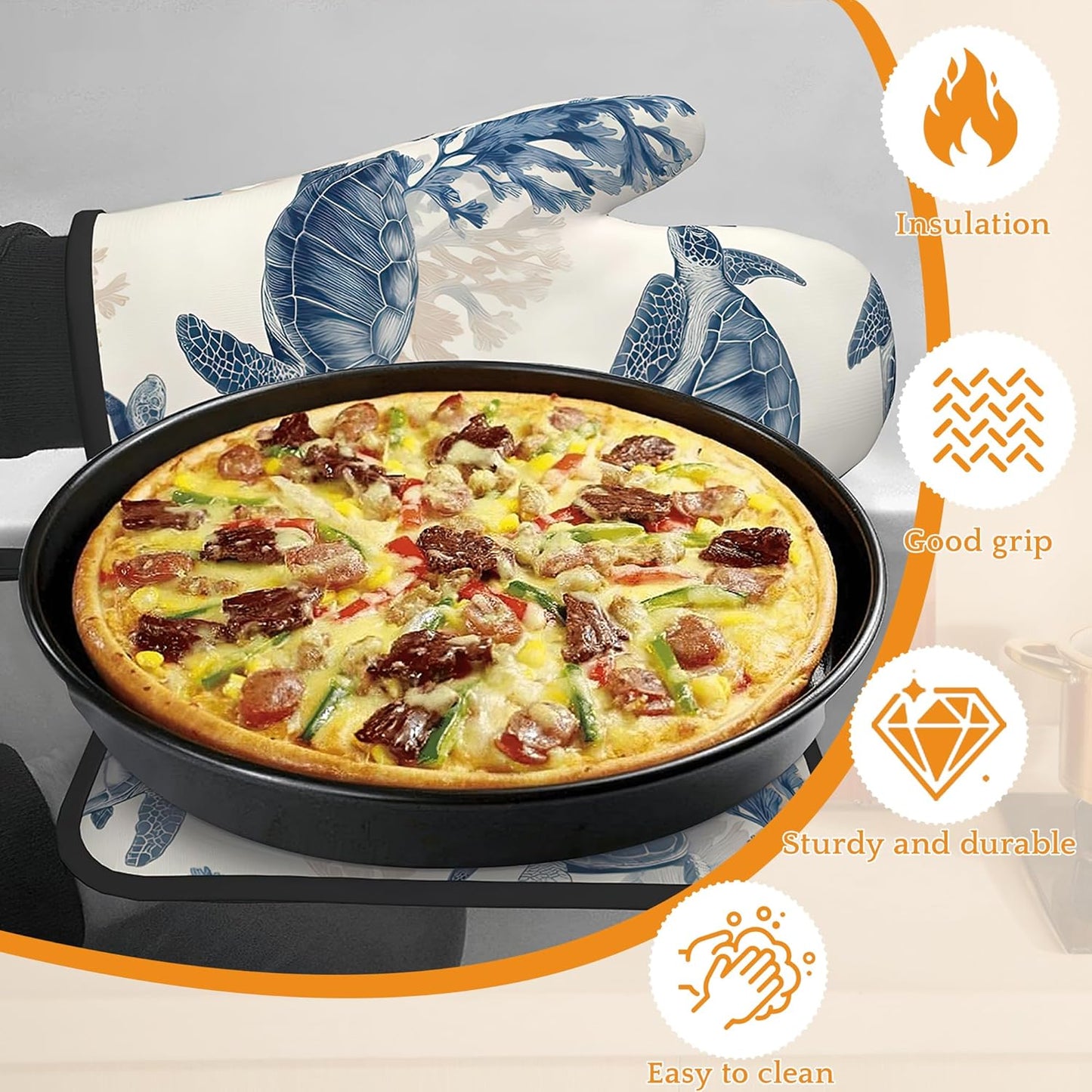 Turtle Coral Oven Mitts and Pot Holders Set,Kitchen Oven Gloves and Pot Holder with Heat Resistant Non Slip for Cooking Baking Grilling(4 Piece Set)