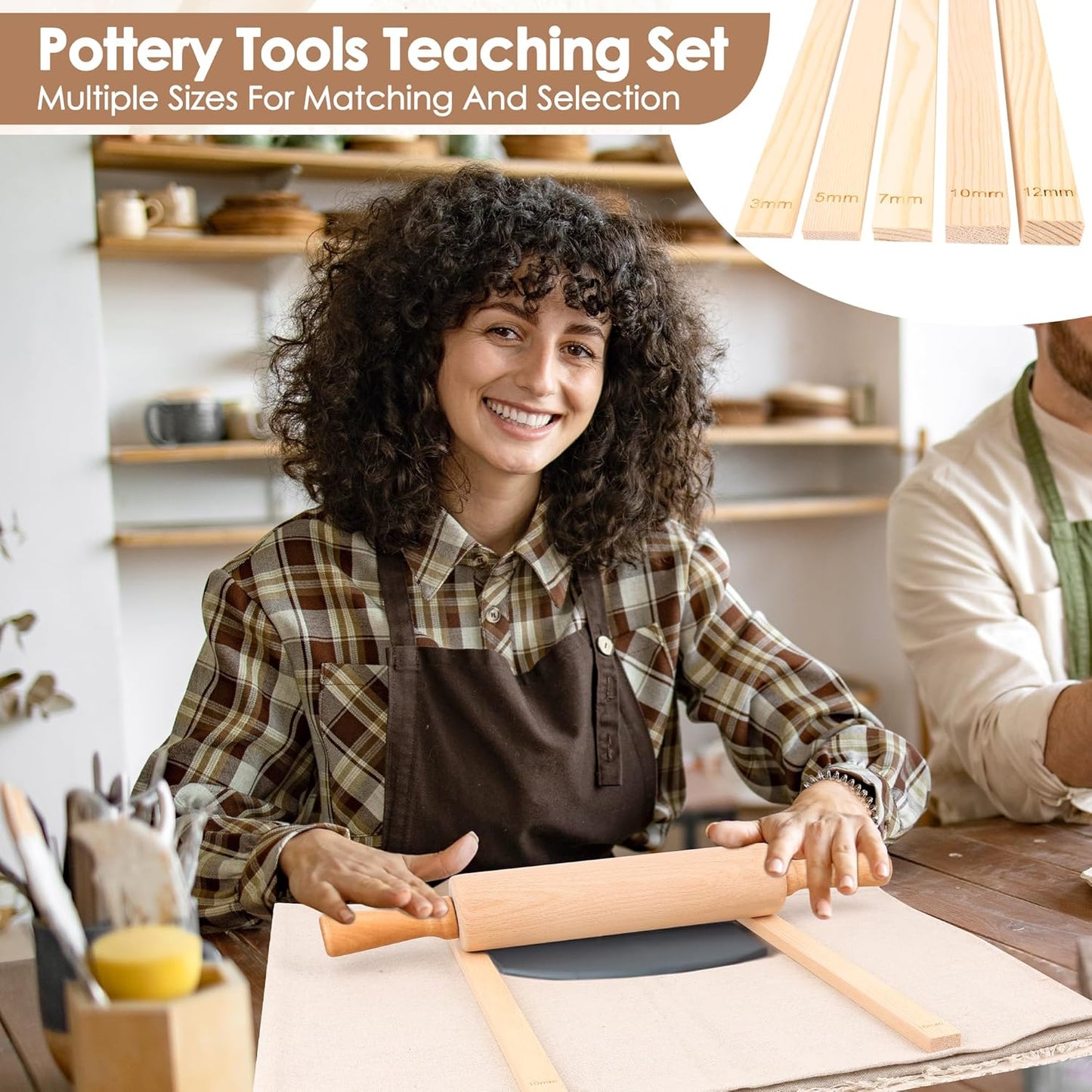 12 Pcs Pottery Tools Teaching Set, Include17in Slab Roller for Clay Pottery and 10 Pcs 5 Size Wooden Rolling Pin Guides, 1 Linen Tablecloth for Ceramic Clay Making