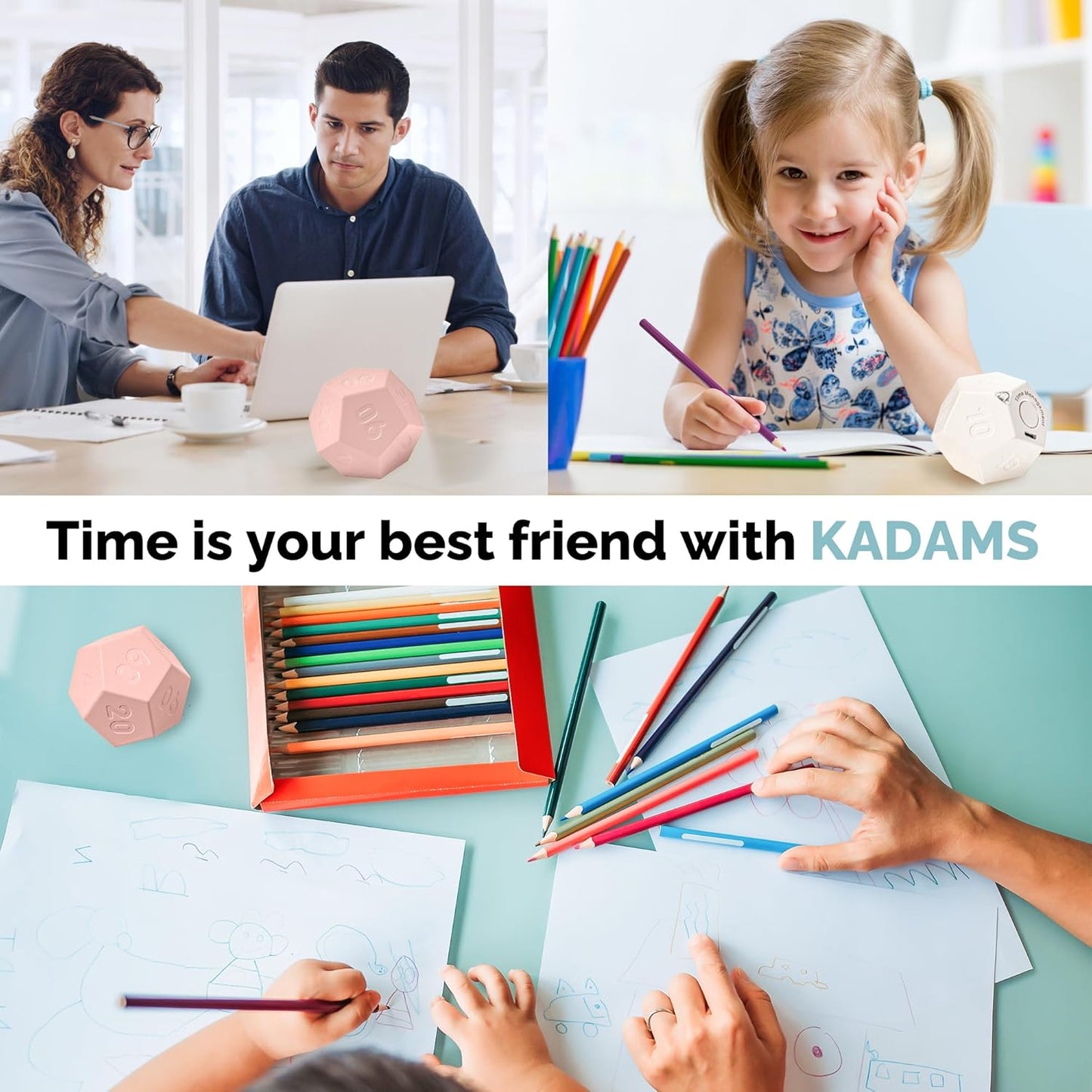 KADAMS Pomodoro Cube Timer Productivity-11 Preset Countdowns, Flip-to-Start Gravity Activation - Sound Vibrate Mute Rechargeable - Ideal for ADHD Kid Kitchen Classroom Cook Study Exercise - Pink