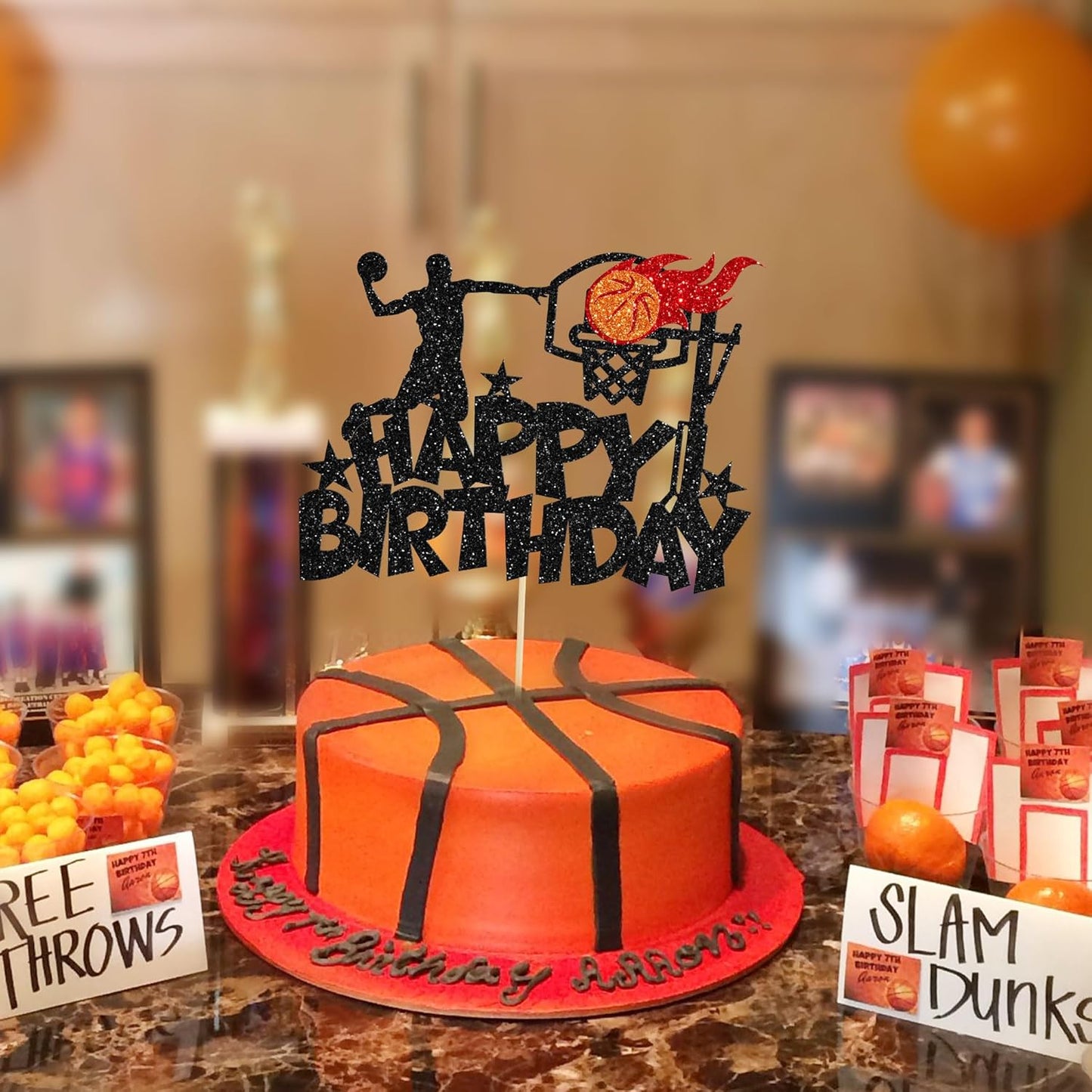1Pc Basketball Happy Birthday Cake Topper Glitter Basketball Sports Theme Birthday Cake Pick for Theme Baby Shower Birthday Party Cake Decorations Supplies