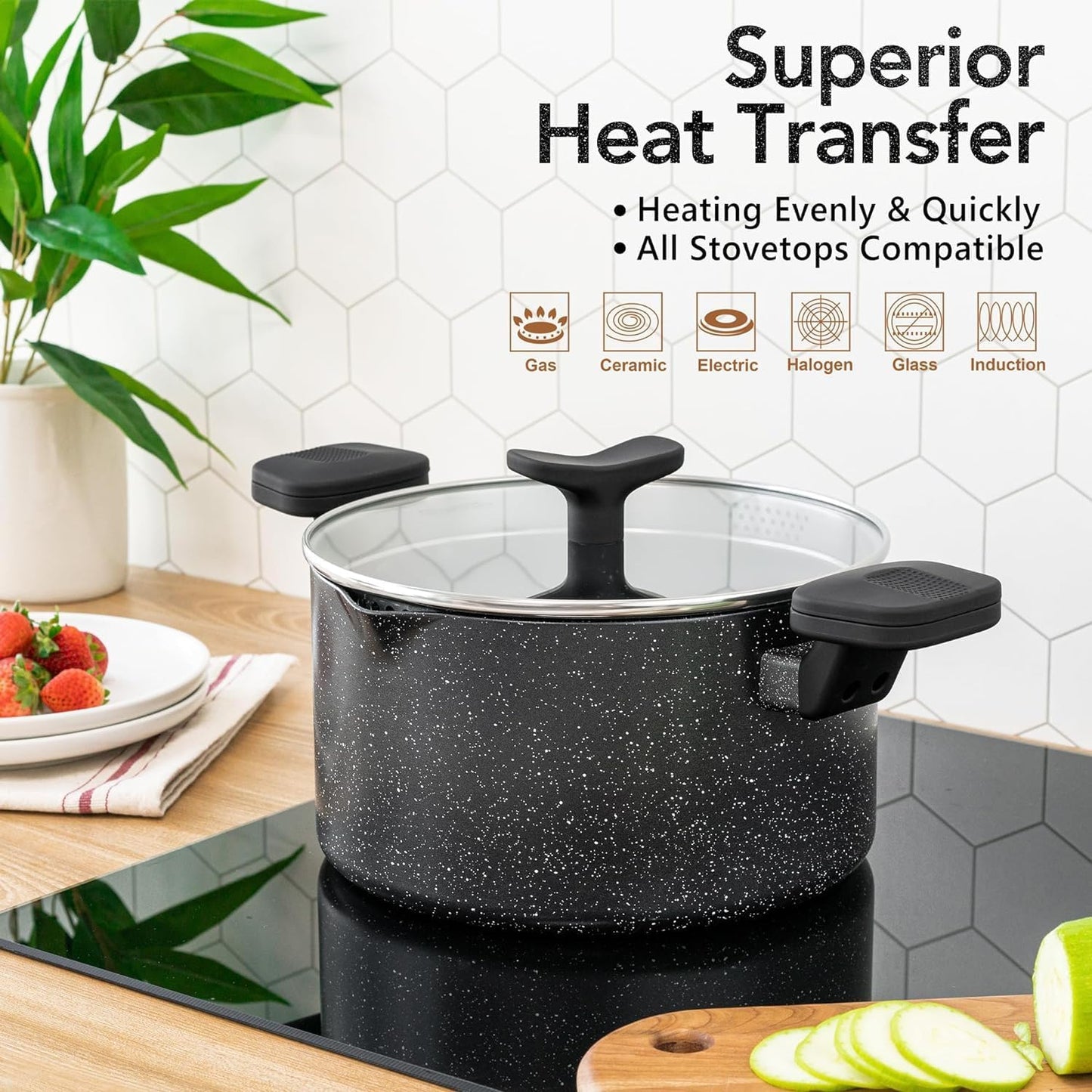 MICHELANGELO Pasta Pot with Strainer Lid, 6 Quart Cooking Pot with Twist and Lock Handles, Soup Pot with Nonstick Granite Coating, Spaghetti Pot Induction Compatible, Black