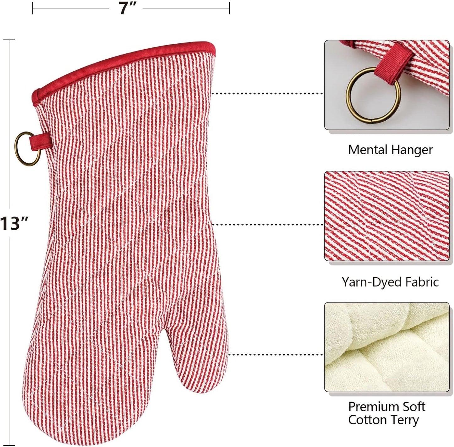 1 Pair Yarn Dyed Oven Mitts 100% Cotton Heat Resistant 470 Degree Gloves Men Women Cooking Baking Barbecue BBQ Microwave Crafting Machine Washable Pot Holders Mittens (red2)