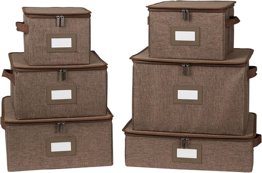 Covermates Keepsakes Dish Storage Box - Stackable, Reinforced Handles, China Storage, Brown Heather