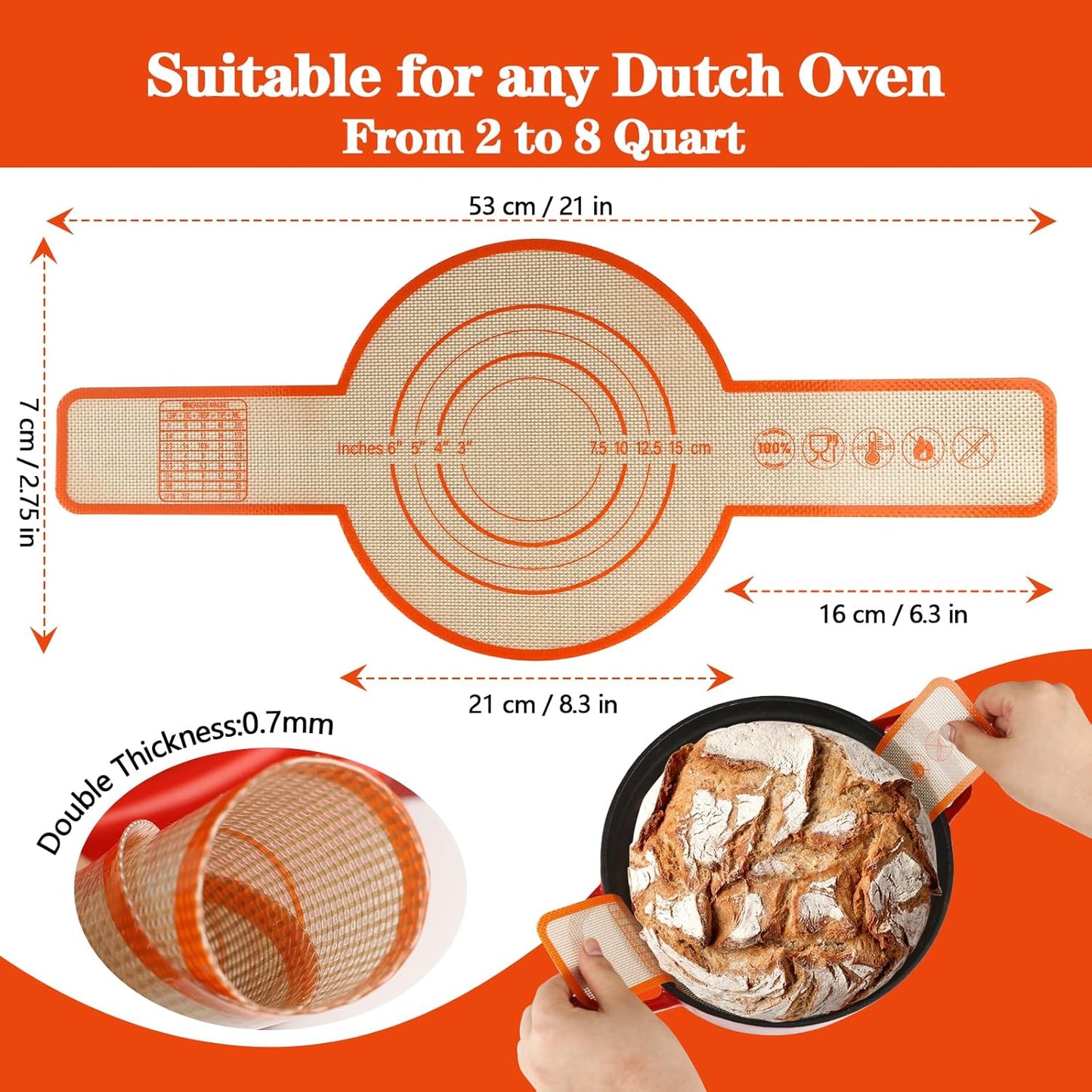 UBeesize 2 Pack Thickened Silicone Bread Sling, Reusable Sourdough Bread Baking Mat For Dutch Oven 2-8 Qrt, Non-Stick, Easy To Clean, With Extra Long Handles Bread Baking Sheet Liner.