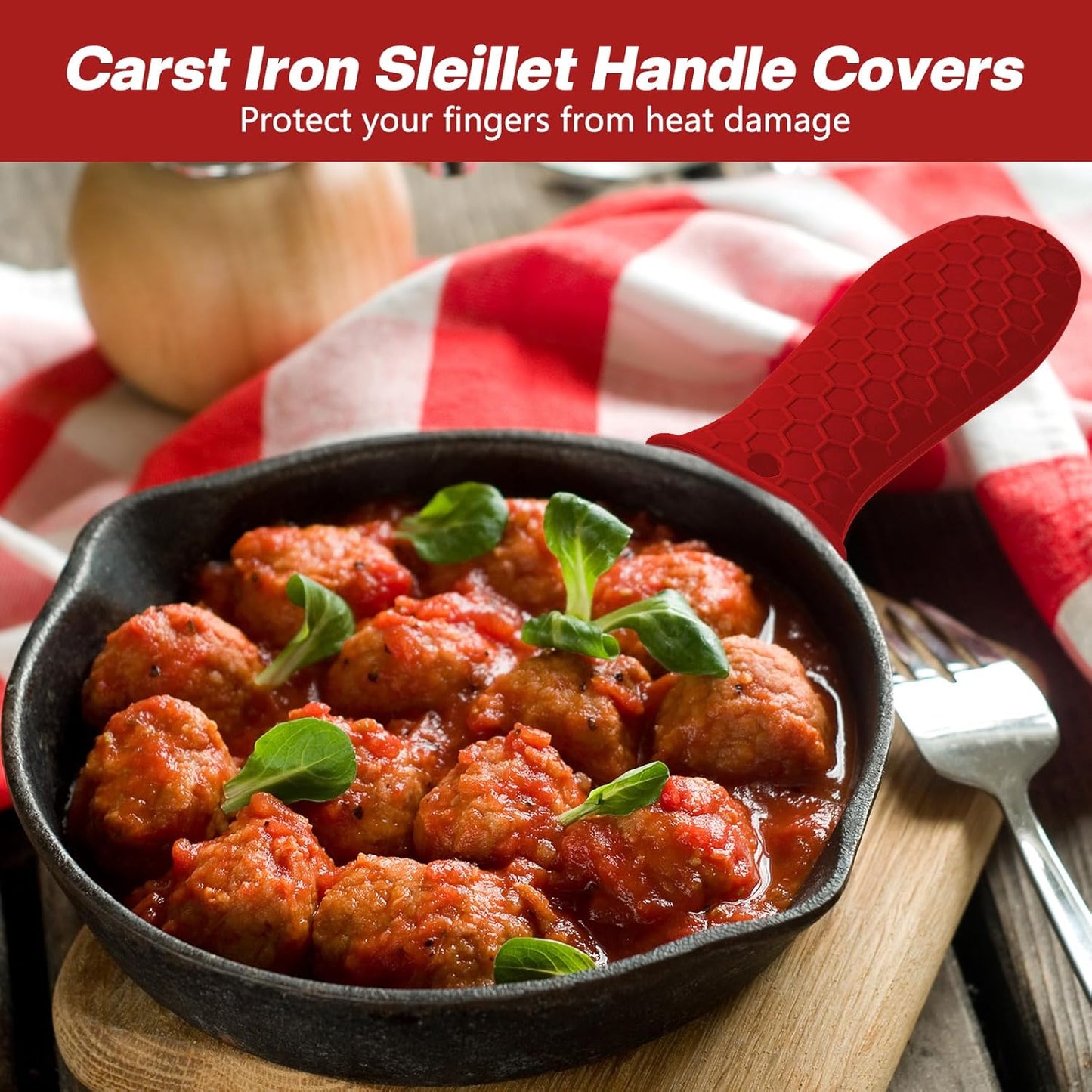 Patelai 2pcs Silicone Handle Cover for Cast Iron Skillet Kitchen Silicone Handles for Pots and Pans Non-Slip Pot Holder Sleeve for Fry Pan Griddles Metal Aluminum Cookware(Red)