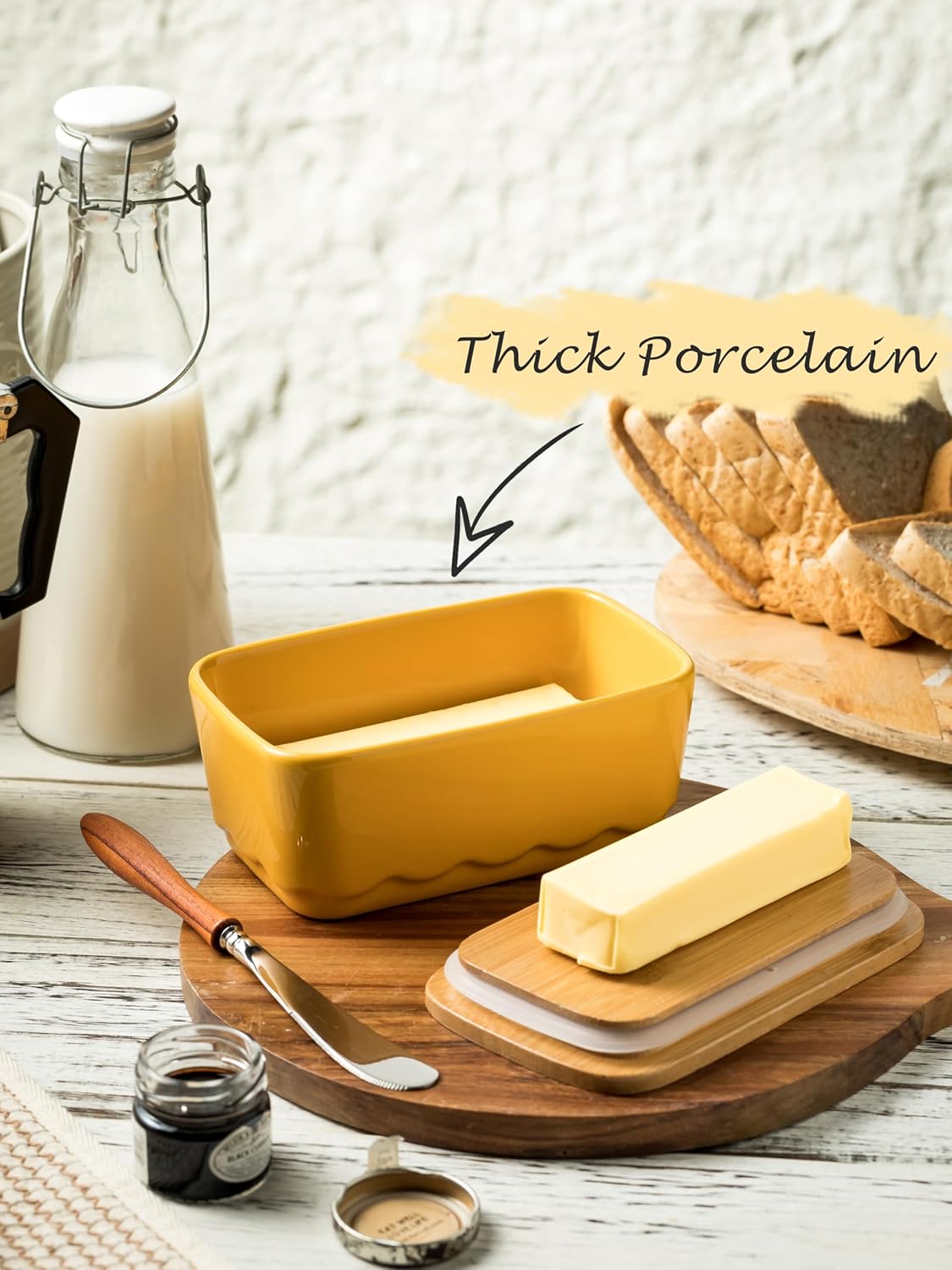 Covered Butter Dish with Lid, Large Butter Dishes for Countertop, Yellow Butter Holder with Airtight Seal Butter Container for East West Coast Butter, HoneyBee Table Decor