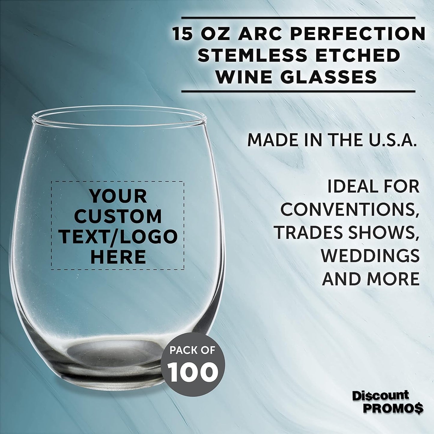 Custom Stemless Wine Glasses in Bulk by ARC Perfection, 15 oz, 100 pack, Personalized Text, Logo, Red or White Wine Glass Set, Black