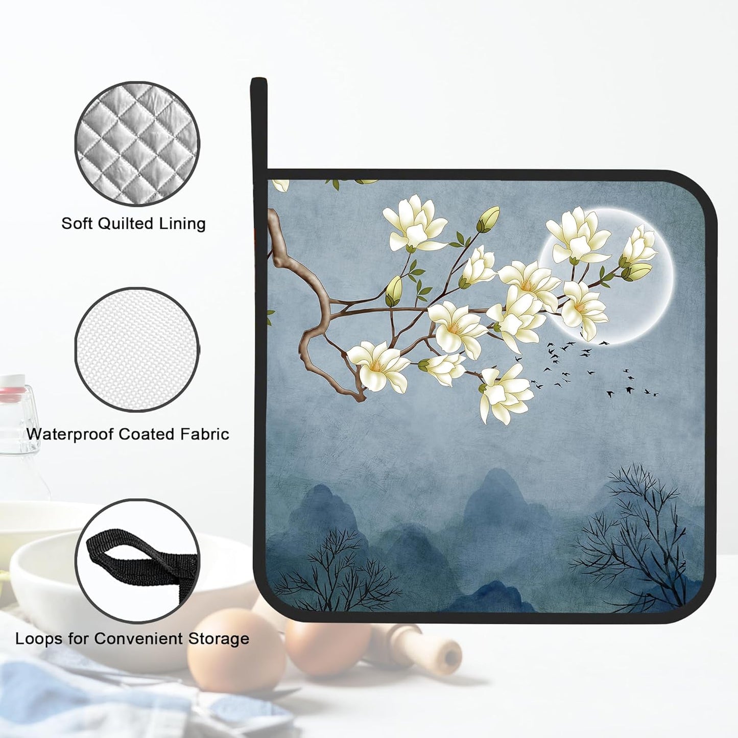Pot Holder Set of 2,Moon Blossom Japanese Style Kitchen Heat Resistant Potholder for BBQ Cooking Baking,Food Hot Pat for Women Men Kitchen Wear