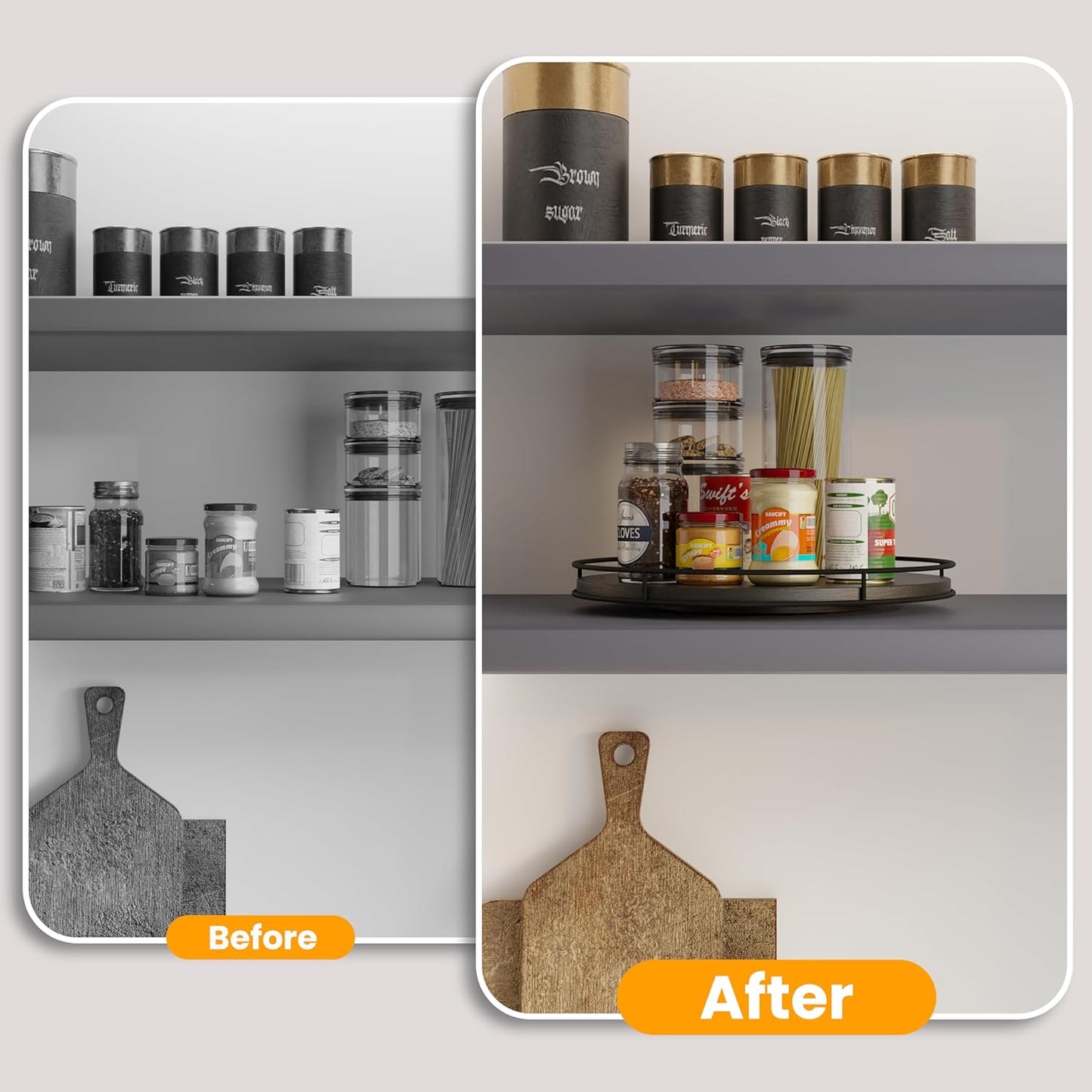 16" Acacia Wood Lazy Susan Turntable with Metal Frame - Large Black Lazy Susans Organizer Countertop Storage - Wooden Serving Tray for Charcuterie Cheese Board - Kitchen Counter Rotating