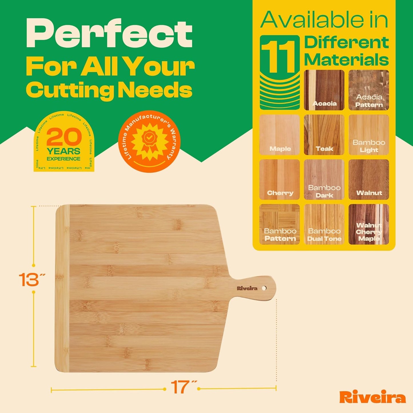 Riveira Two Tone Bamboo Wood Cutting Board – Gourmet Bamboo Grandeur: 17 x 13 Wooden Cutting Board – Wooden Cutting Boards For Kitchen Decorative – Innovative Juice Grooves Wooden Chopping Board