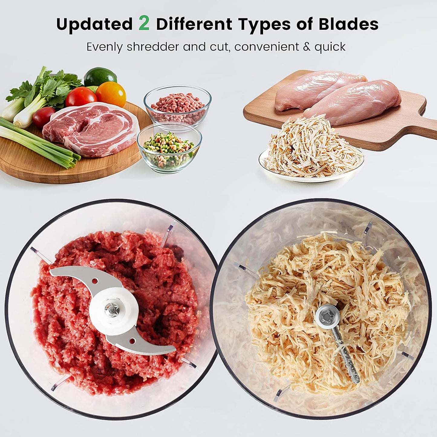 Electric Chicken Shredder, Automatic Food Chopper with Chicken Breast Shredder & Meat Grinder, 2 Sets of Blades for Chicken/Pork/fish/Vegetable/Baby Food (White)