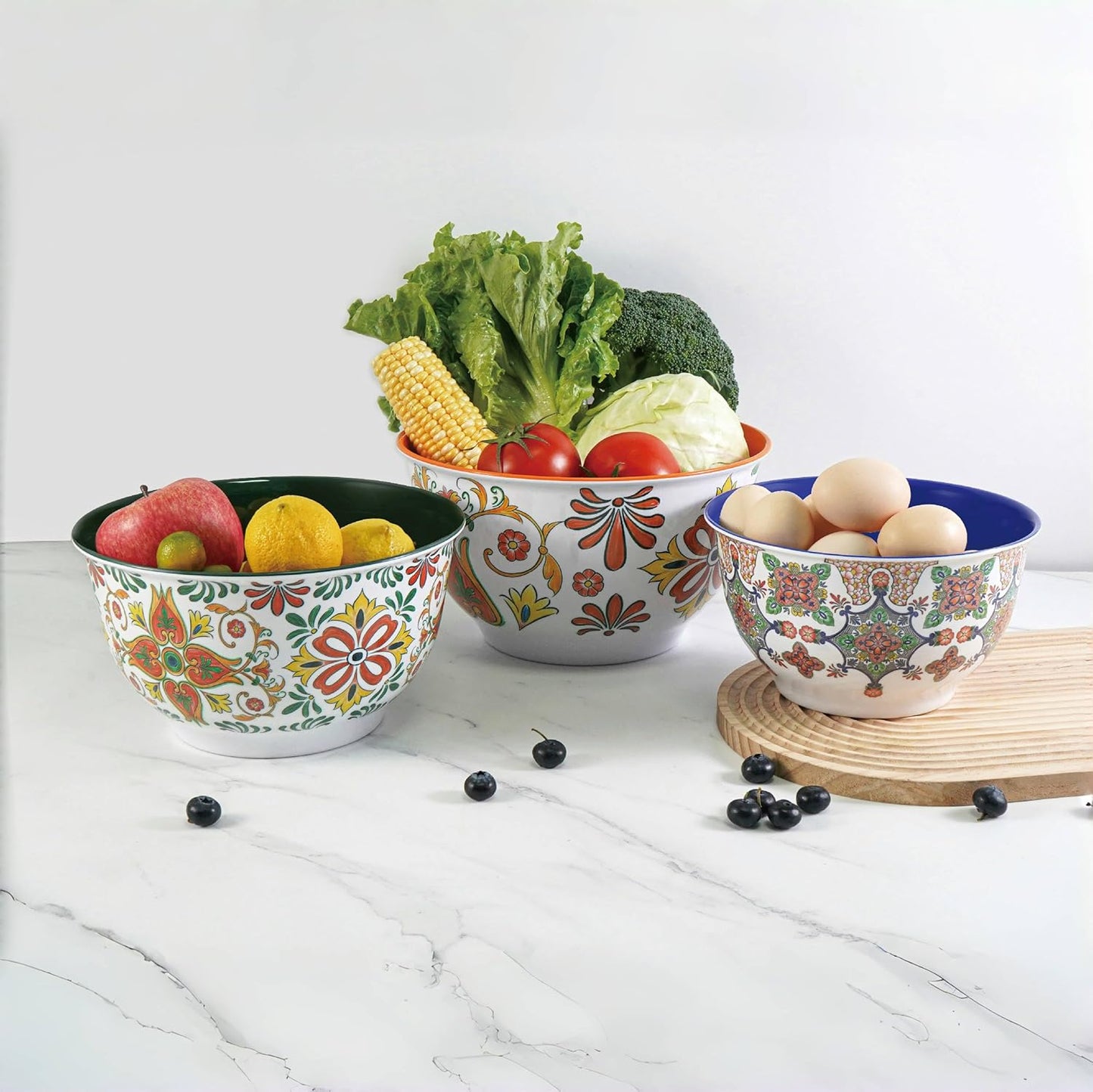TP Large Mixing Bowl Set with Lids, Melamine Nesting Bowls Set for Pasta Baking Salad Mixing, Set of 3, Aztec Bloom
