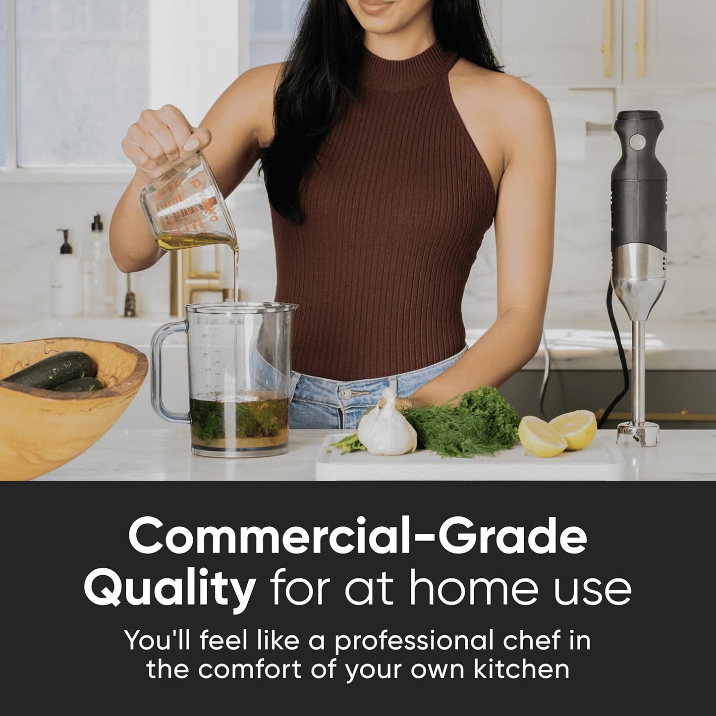 Handheld Immersion Blender 220W - 7” Stainless Steel with 8 Speeds - 110V + 1-Yr Coverage and 24/7 Pro Chef Support