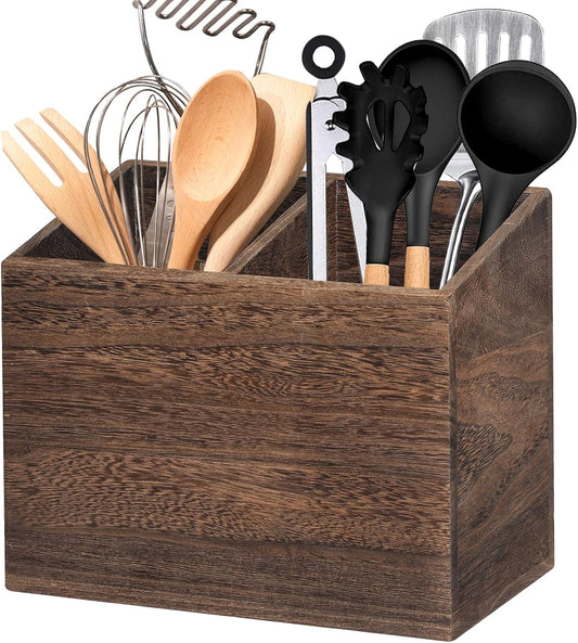 Wooden Kitchen Utensil Caddy With 2 Compartments, Rustic Utensil Holder for Kitchen Countertop, Wood Utensil Crock Organizer Box for Farmhouse Kitchen Decor (brown)