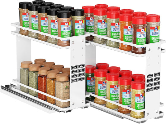Nieifi Pull Out Spice Rack Organizer, 2 Tiers, White, Spice Organization for Cabinet, Height Adjustable, Easy to Install