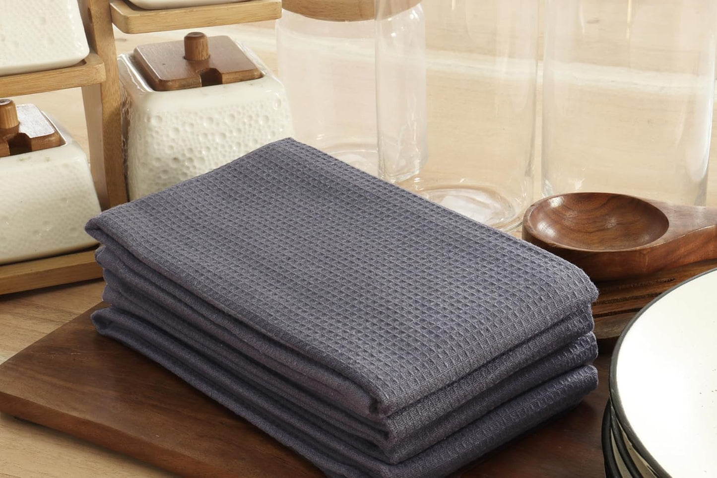 PurpleEssences Waffle Weave Kitchen Towel, 100% Cotton - 15 x 25 Inches, with Hanging Loop Ultra Soft Absorbent Quick Drying Dish Cloth, Tea and Hand Towels, 6 Pack - Spring Summer - Dark Grey
