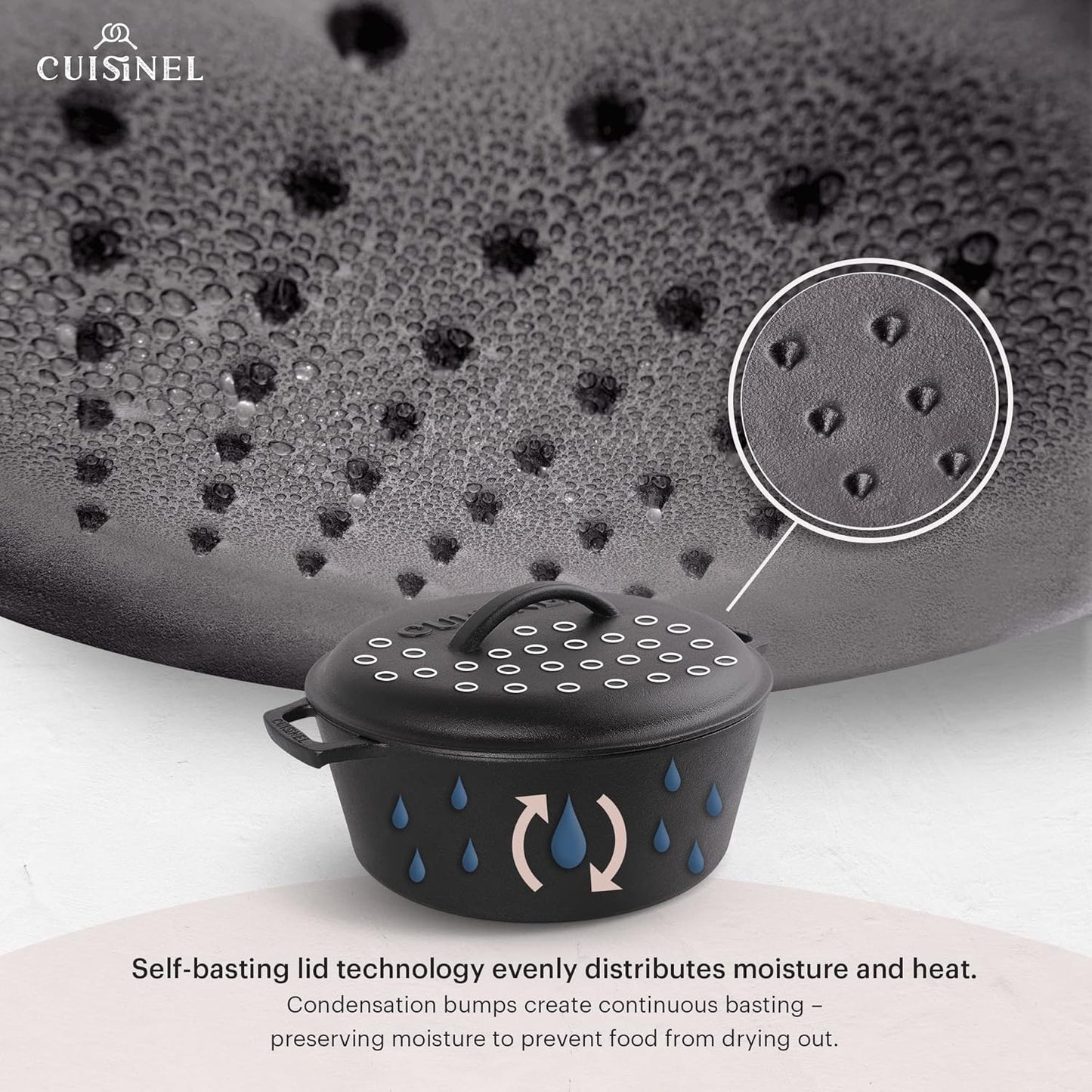 Cuisinel Cast Iron Dutch Oven - 7-Quart Deep Pot + Lid + Pan Scraper + Handle Covers - Large Pre-Seasoned Cooker for Baking Bread, Soup, Frying - Indoor/Outdoor Kitchen, Camping, Fire, BBQ Safe