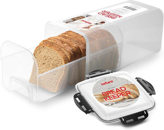 Tafura Bread Storage Container with Tray, Plastic Bread Box, Bread Container with Airtight Lid, Loaf Bread Keeper, Bread Holder for Homemade Bread, BPA Free