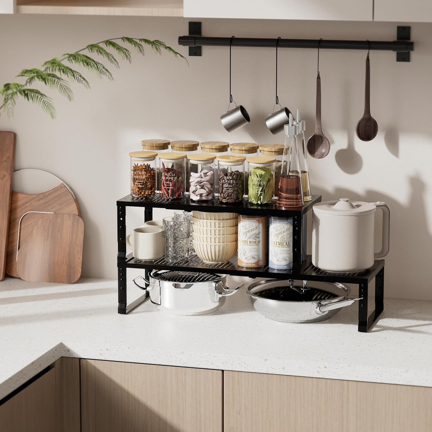 Expandable Spice Rack & Kitchen Cabinet Organizer - Stackable, Adjustable Shelves for Cabinets, Countertops, Cupboards & Pantries(3 Packs/Large/Black)