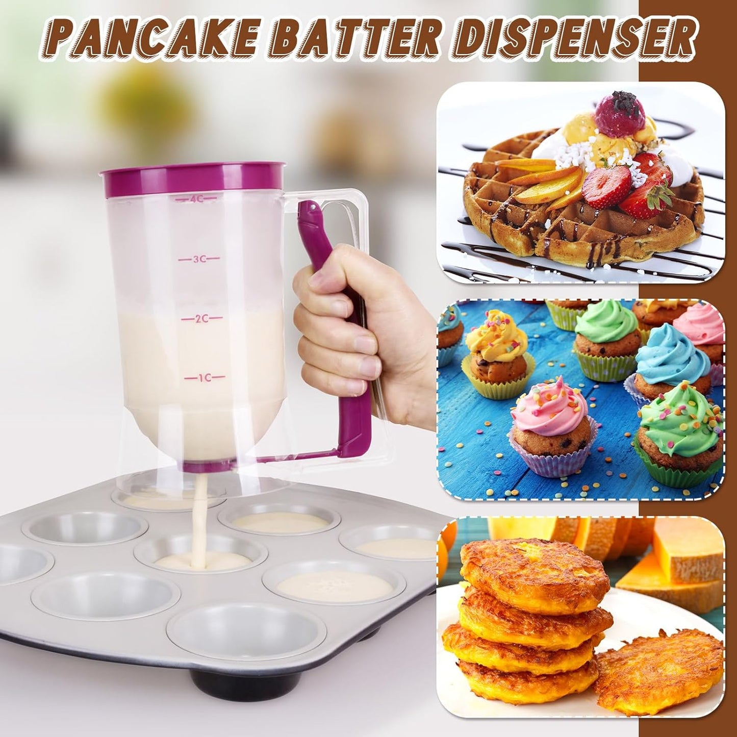 2 Pcs Cupcake Batter Dispenser Pancake Mix Dispenser 4 Cups with Squeeze Handle Tools for Pancake, Cupcake, Cookie, Cake, Waffles, Ice Cream Baking Gifts for Kitchen Housewarming (Purple)