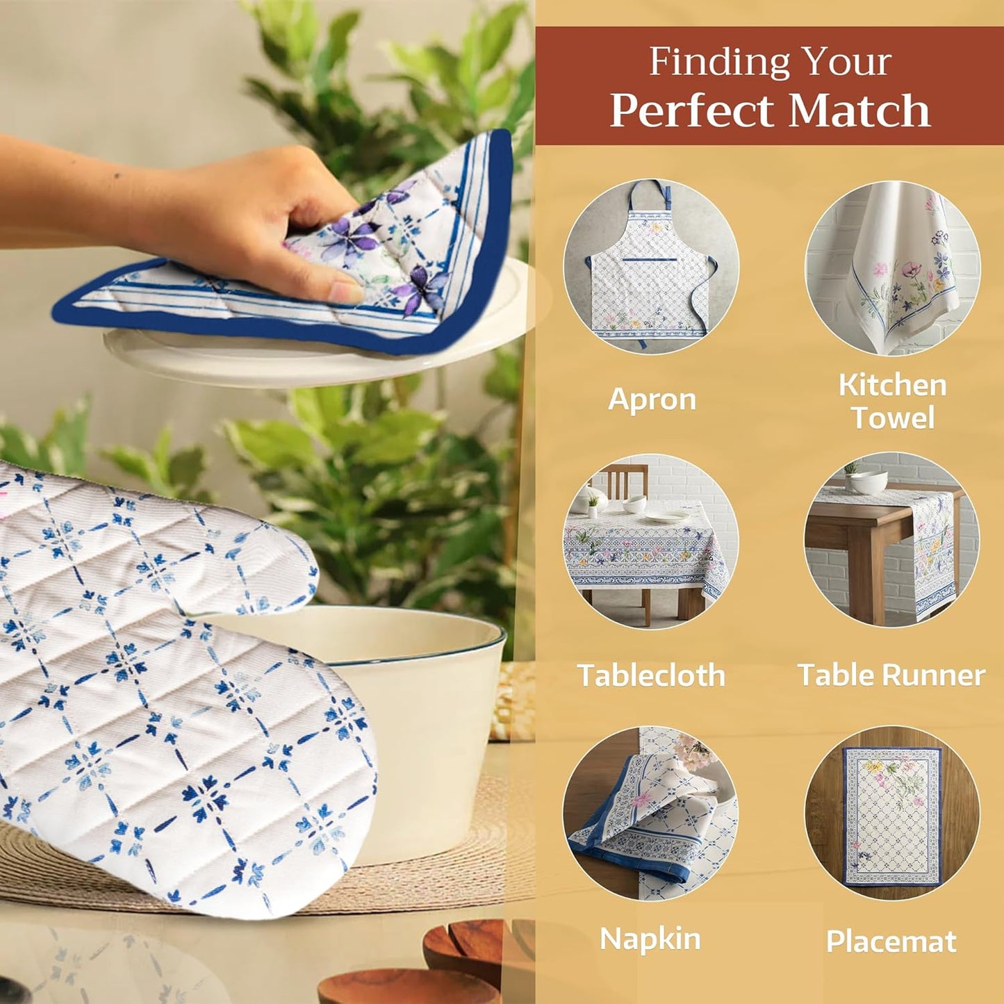 Maison d' Hermine Pot Holders 100% Cotton Heat Resistant Potholders 8" x 8" Hot Pads with Loop BBQ, Cooking, Baking, Grilling, Kitchen, Handling Hot Pans Spring/Summer (Pack of 1, Faience)