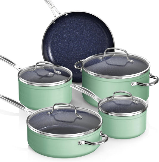 Nuwave Healthy Duralon Blue Ceramic Nonstick Coated 9pc Cookware Set, Scratch-Resistant Diamond Infused, PFAS Free, Induction Ready & Evenly Heats, Oven Safe, Tempered Glass Lids