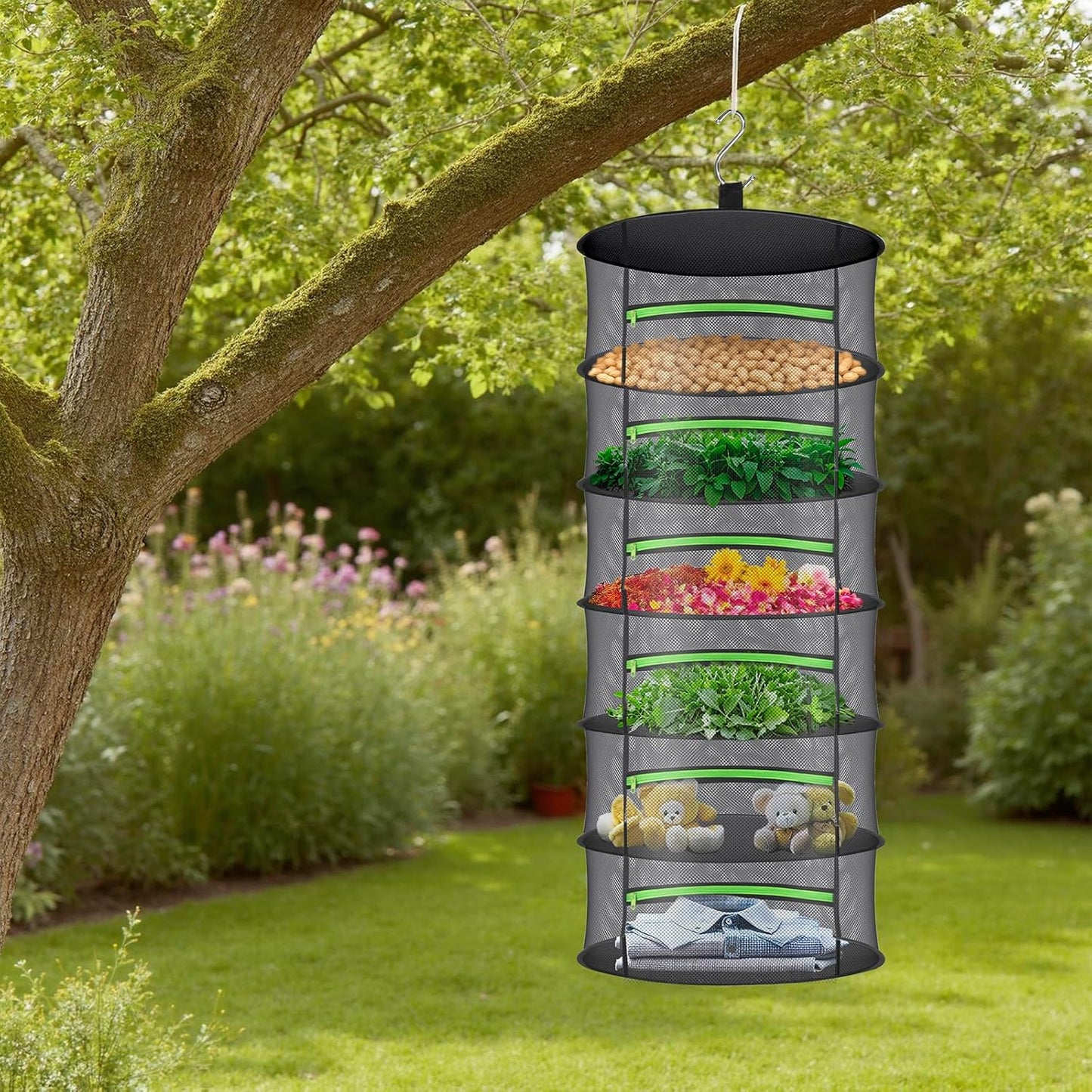 Herb Drying Rack with Mesh Design - Hanging Herb Dryer with Green Zipper for Garden, Home, Indoor or Outdoor Use (6layer)