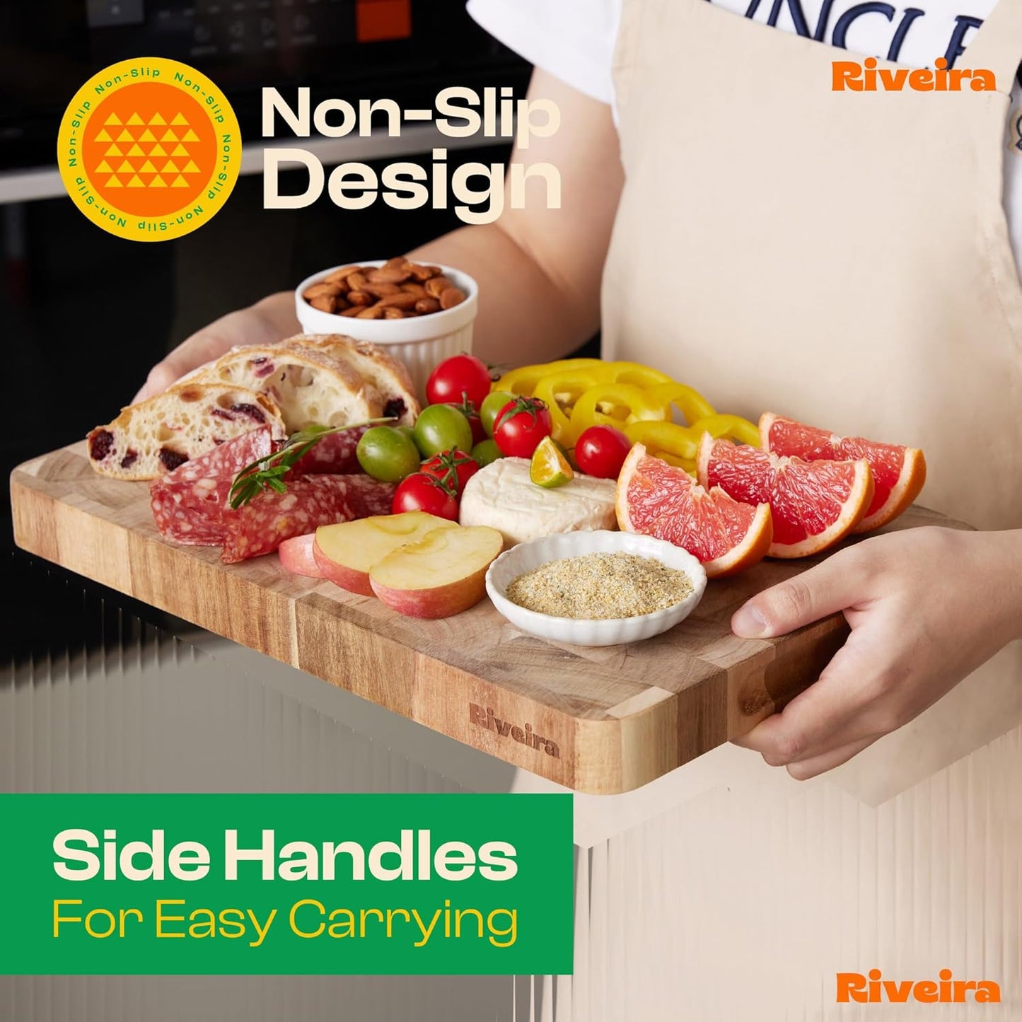 Riveira Acacia Wood Cutting Board – Gourmet Acacia Grandeur: 14 x 14 Wooden Cutting Board – Natural Wooden Cutting Boards For Kitchen Decorative – Innovative Juice Grooves Acacia Wooden Chopping Board