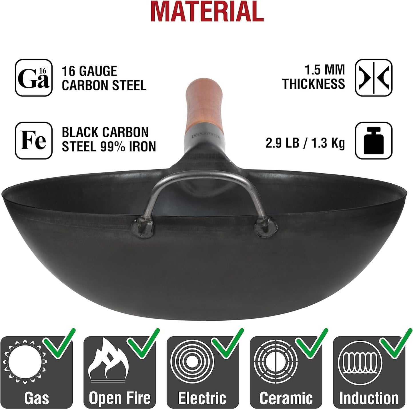 YOSUKATA 11.8" Carbon Steel Wok Pan – Pre-Seasoned Flat Bottom Pow Wok for Stir Fry, BBQ, Grill & Camping – Traditional Japanese Chinese Cookware – Compatible with Induction, Electric, Gas, Open Fire