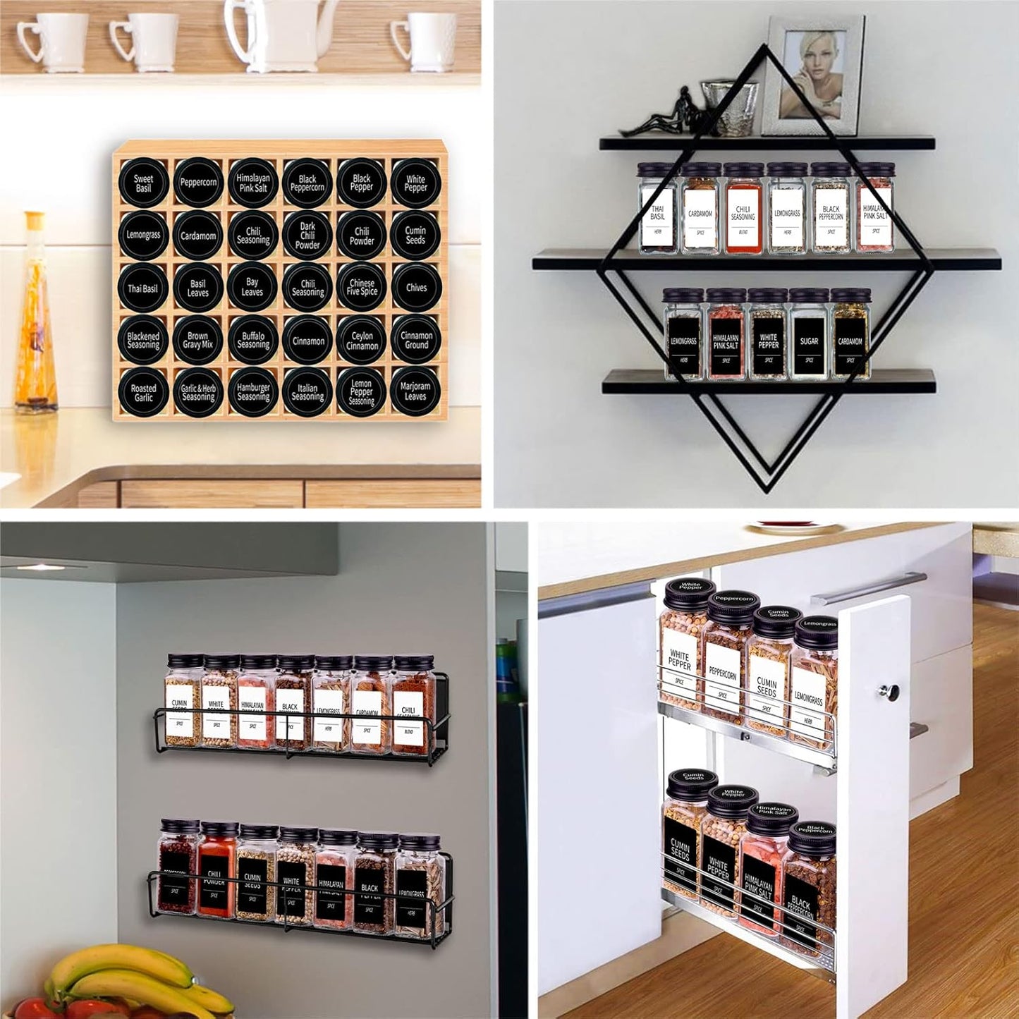 Churboro 48 Spice Jars with 547 Labels- Glass Spice Jars with Black Metal Caps, 4oz Empty Spice Containers with Shaker Lids, Funnel, Chalk Pen, Square Seasoning Bottles for Spice Rack, Drawer, Cabinet