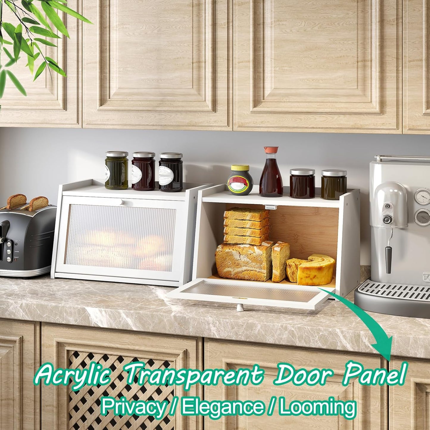 Bread Box for Kitchen Counter, Large Bamboo Bread Storage Container with Wavy Arcylic Door, Bamboo Wooden Farmhouse Bread Box for Your House (White, Medium)