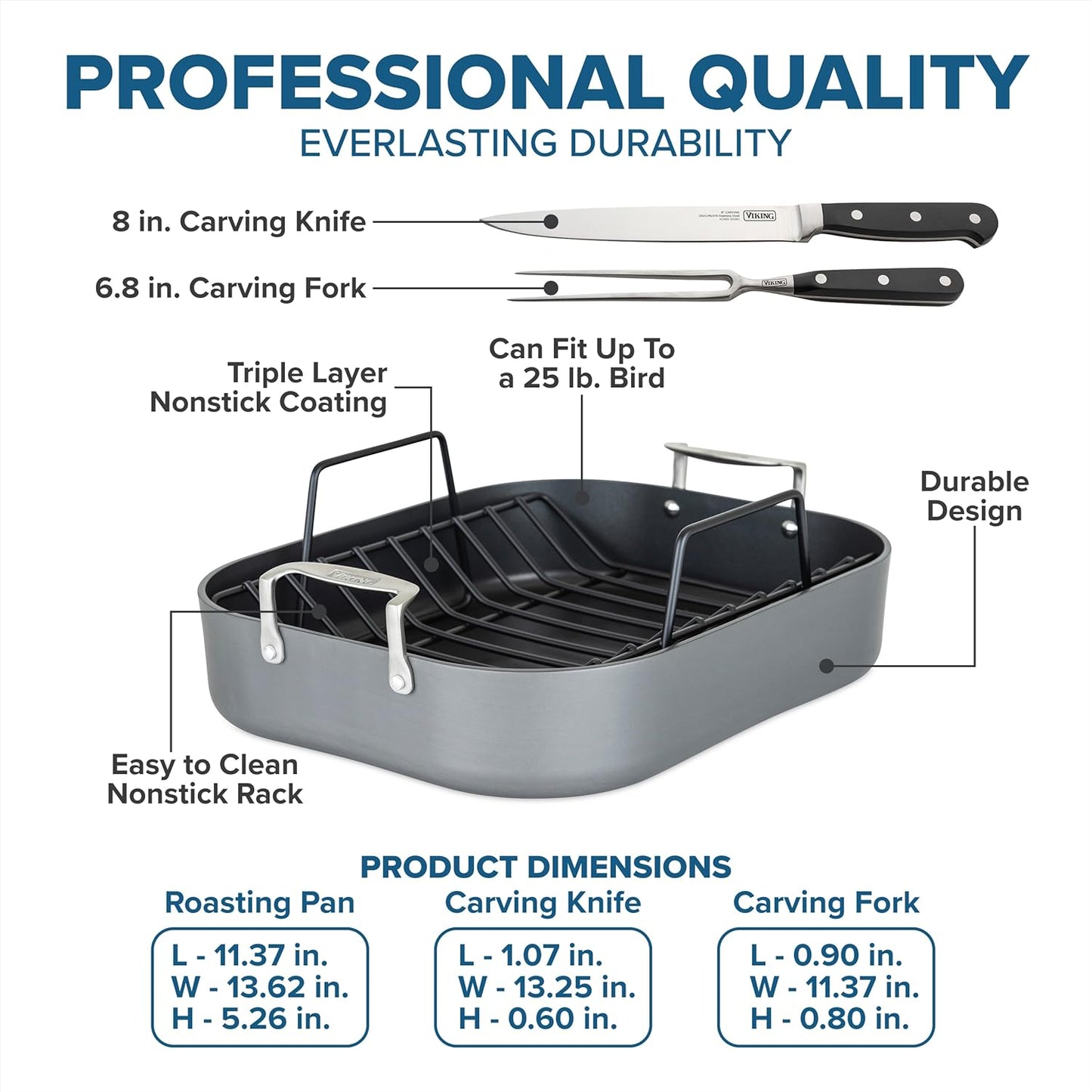 Viking Hard Anodized Aluminum Nonstick Roasting Pan with Non Stick Rack and Carving Set, 16 x 13 Inch Kitchen Cookware, Dishwasher and Oven Safe, Dark Grey