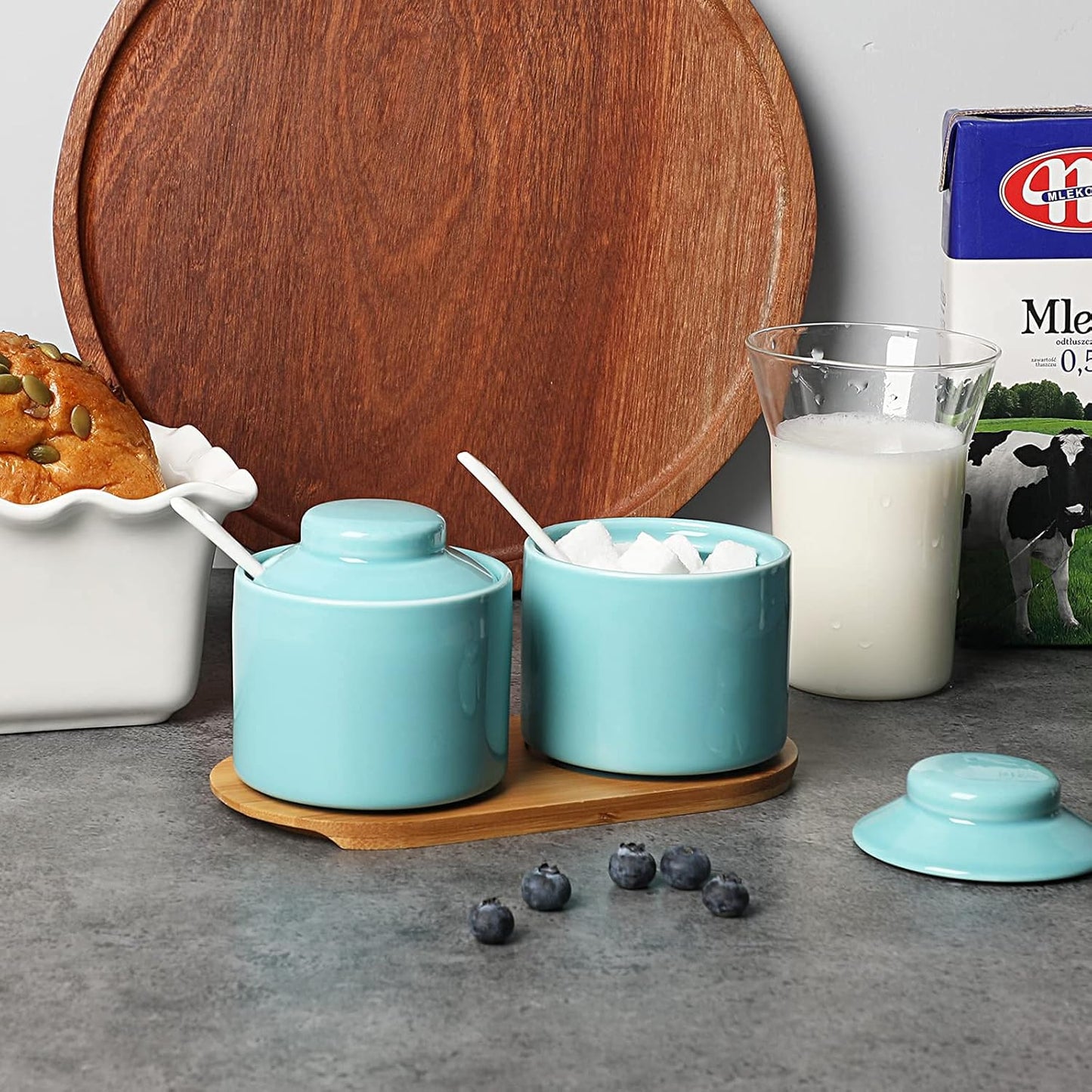 ONTUBE Ceramic Sugar Bowl with Lid and Spoon Set of 2,Porcelain Seasoning Box Salt Bowl with Tray,8oz (Turquoise Blue)
