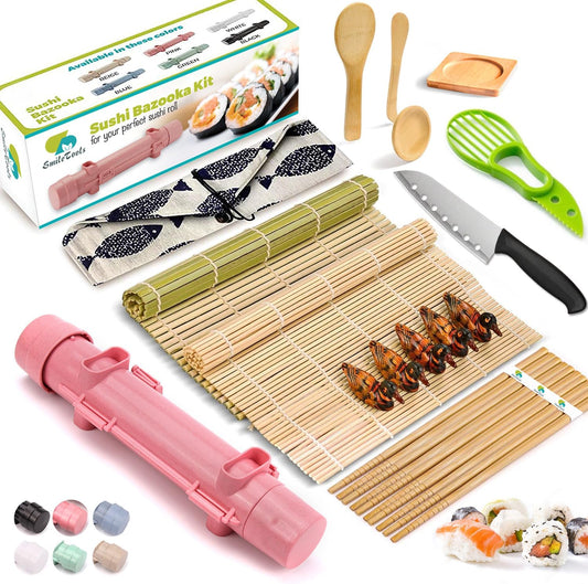 Sushi Making Kit For Beginners - 22 Piece DIY Sushi Roller Kit with Bamboo Sushi Rolling Mat, Sushi Bazooka, Chef's Knife, Chopsticks, Holder - Best Starter Sushi Kit (Pink)