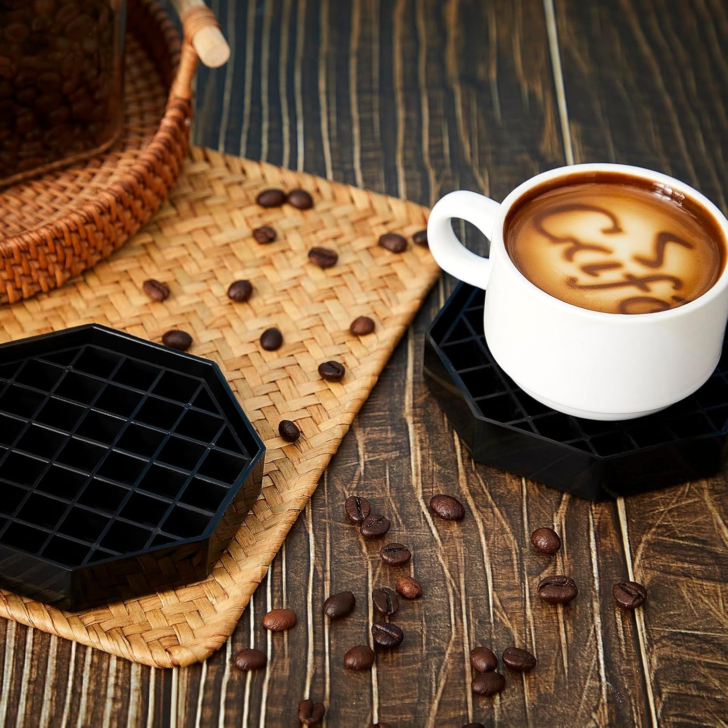 Suclain 8 Pcs 6 Inch Coffee Drip Tray Black Plastic Octagon Coffee Countertop Drip Coaster with Honeycomb Grid for Drink Tea Wine Beverage Dispenser