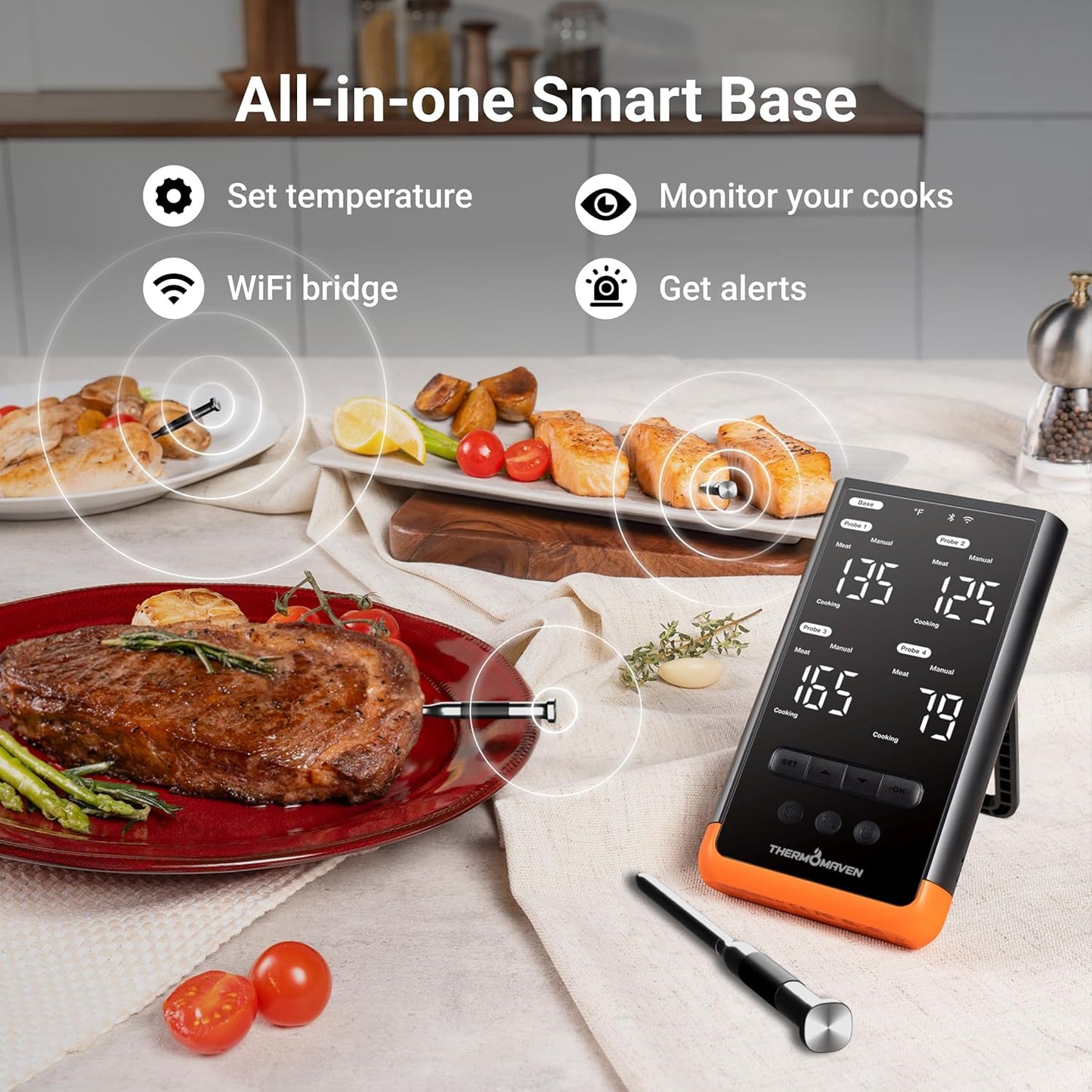 ThermoMaven Wireless Bluetooth Smart Meat Thermometer: Standalone Base, WiFi Thermometer with Sub-1G, 6 Sensors NIST Certified Accuracy, 4 Probes, for Kitchen, BBQ, Grill, Oven, Smoker, Rotisserie