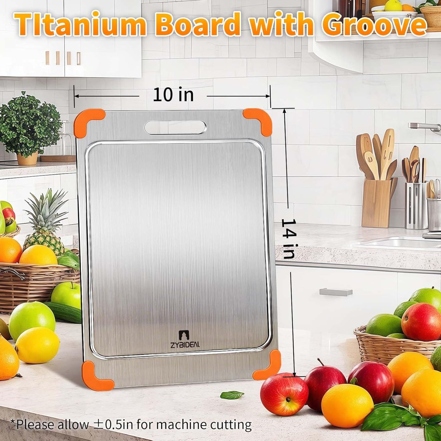 100% Pure Titanium Cutting Board with Grooves, Update Double Side Titanium Chopping Board, Silicone Anti-slip Stainless Cutting Boards for Kitchen 10 * 14 IN, Orange