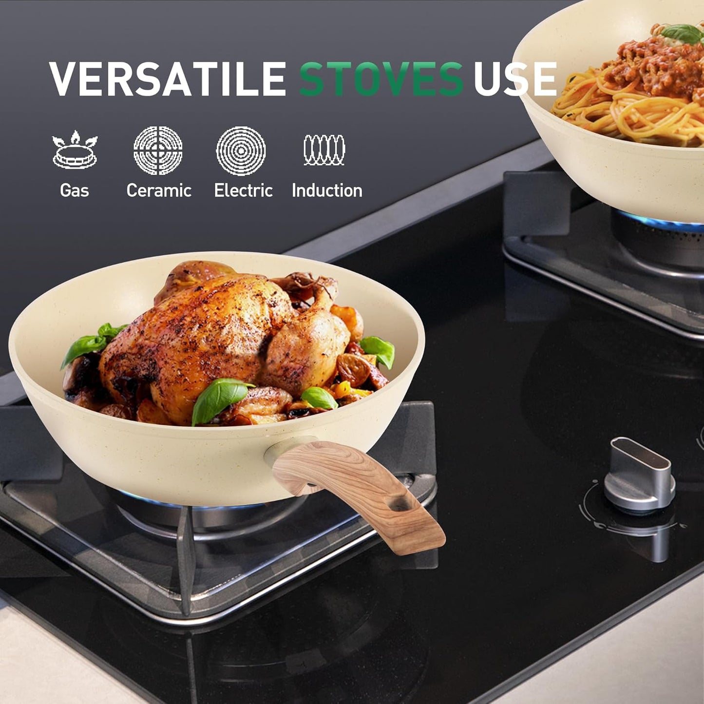 Kitchen Academy Induction Pots and Pans Set Non Stick - 12Pcs Beige Nonstick Kitchen Cookware Set, Granite Cooking Pans Set