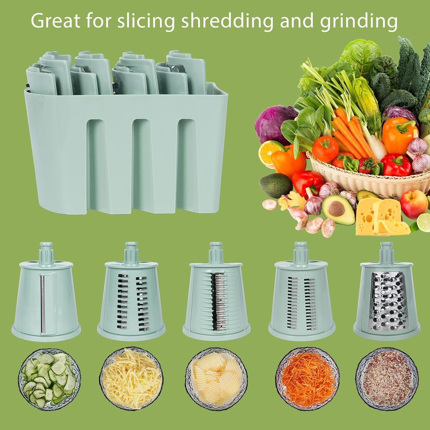 Rotary Cheese Grater,Multifunction 5 In 1 Chopper Vegetable Cutter Slicer, Round Mandoline Drum Slicer,Cheese Shredder,Grater With Handle,Easy to Clean Kitchen Gadgets with Storage Box