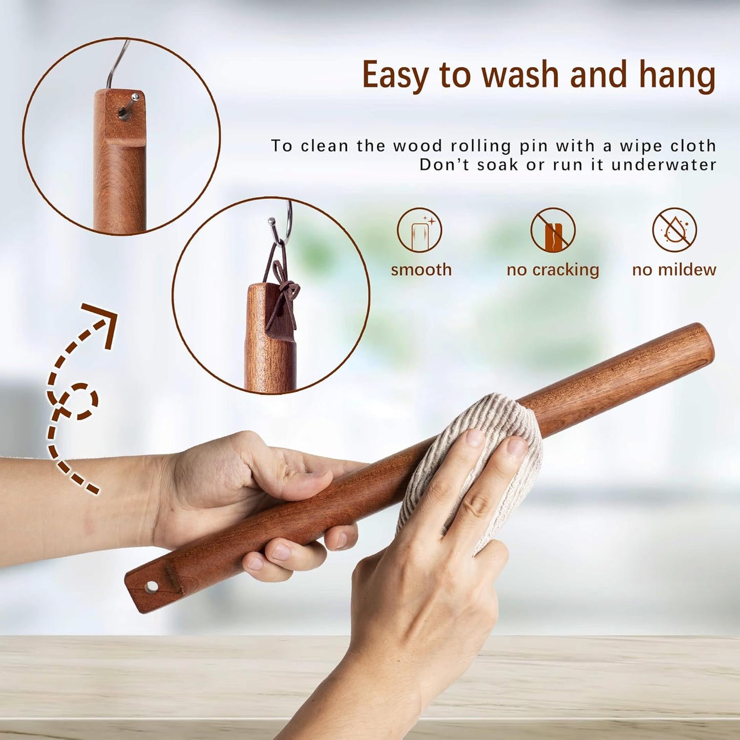 Versatile Rolling Pin for Dough - Sapele Wood Rolling Pin with Unique Hanging Hole Design - Perfect for Baking, Pies - Pastries, Elegant Wooden Rolling Pins - Your best 16 Inches French Rolling Pins