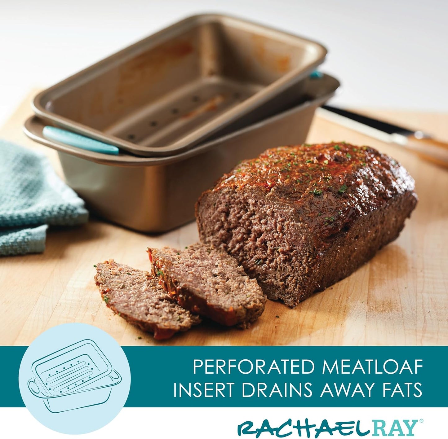 Rachael Ray 47578 Cucina Nonstick Bakeware Set with Grips Includes Nonstick Bread Pan, Baking Sheet, Cookie Sheet, Baking Pans, Cake Pan and Muffin Pan - 10 Piece, Latte Brown with Agave Blue Grips