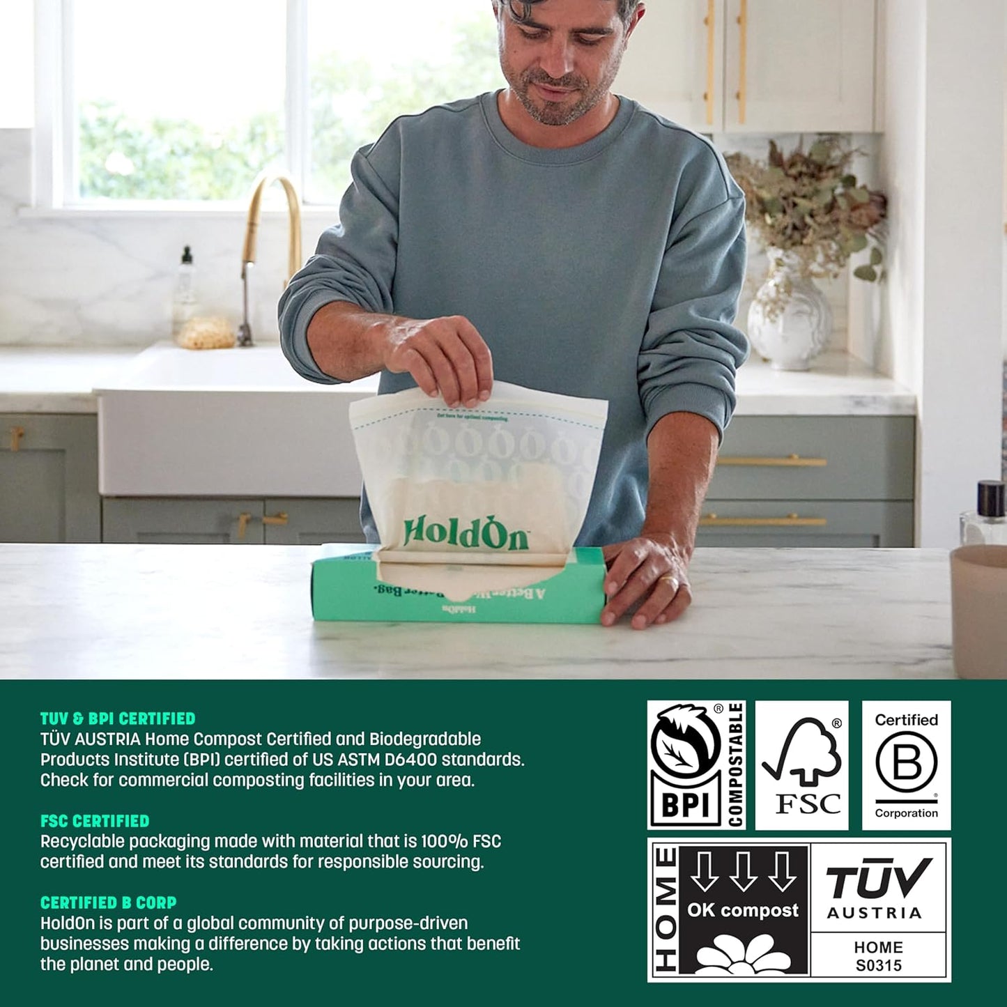 HoldOn Zipseal Gallon Bags - Compostable, PFOA-Free, BPA-Free, Food-Safe Zip Seal Food Storage Bags/Freezer-Safe Gallon Bags With Secure Seal for Home & Travel (2-pack, 50 bags total)